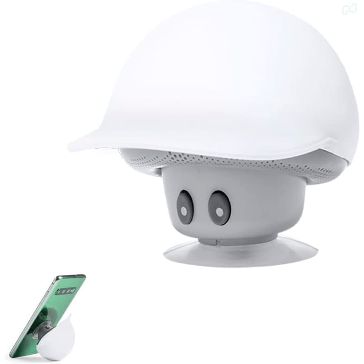 A white Bluetooth speaker with a grey base, featuring two buttons and a cap design, next to a phone propped up.