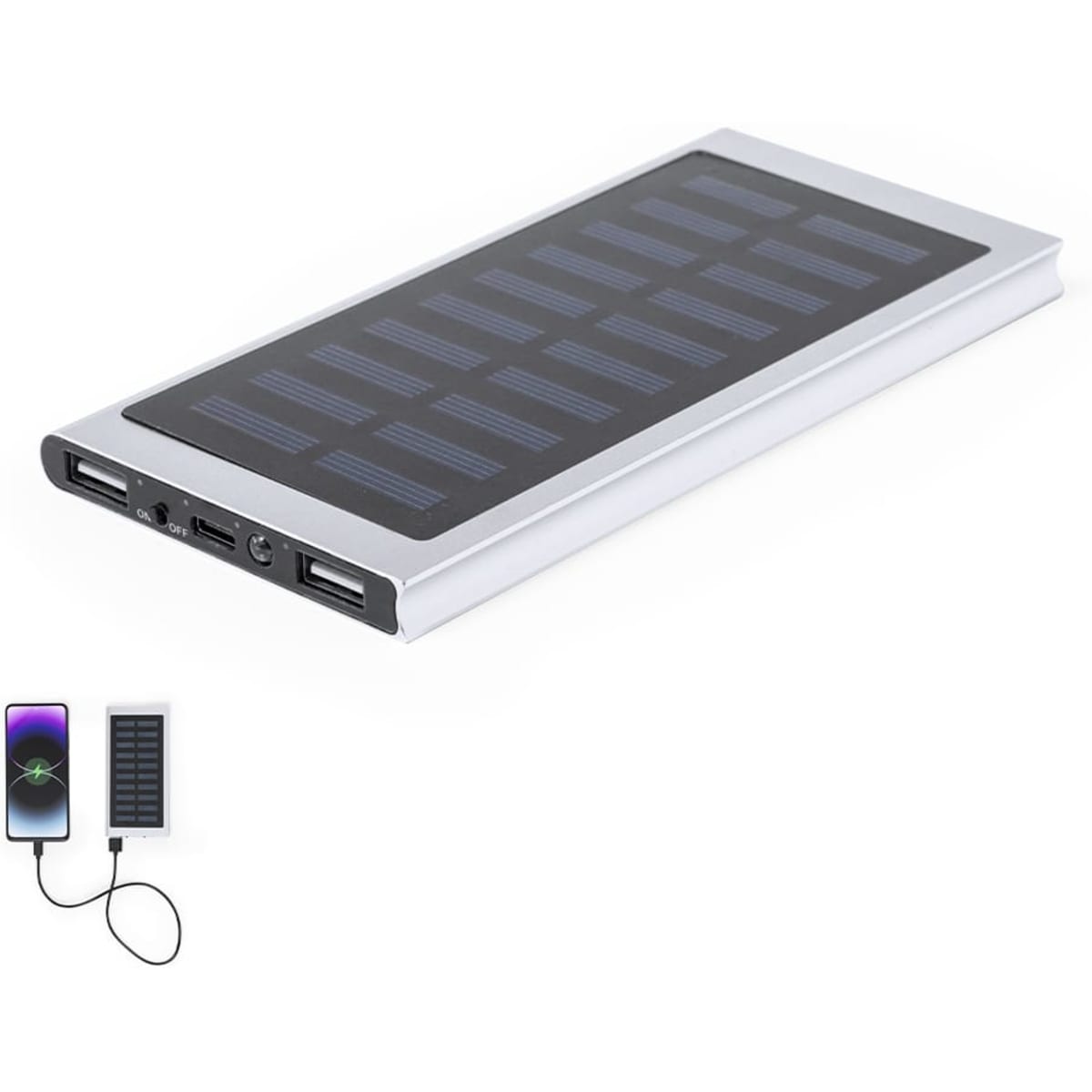 A silver power bank with solar panels, featuring multiple USB ports. Includes a visual of a phone being charged.