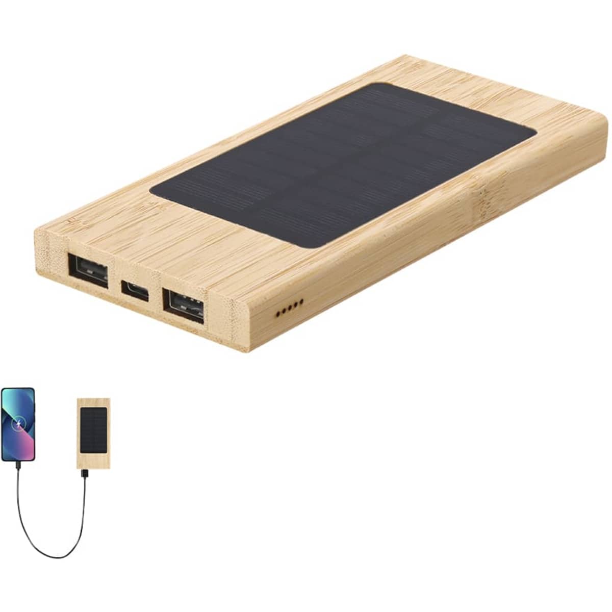A bamboo power bank featuring two USB ports and a solar panel on top, with a phone connected via cable.