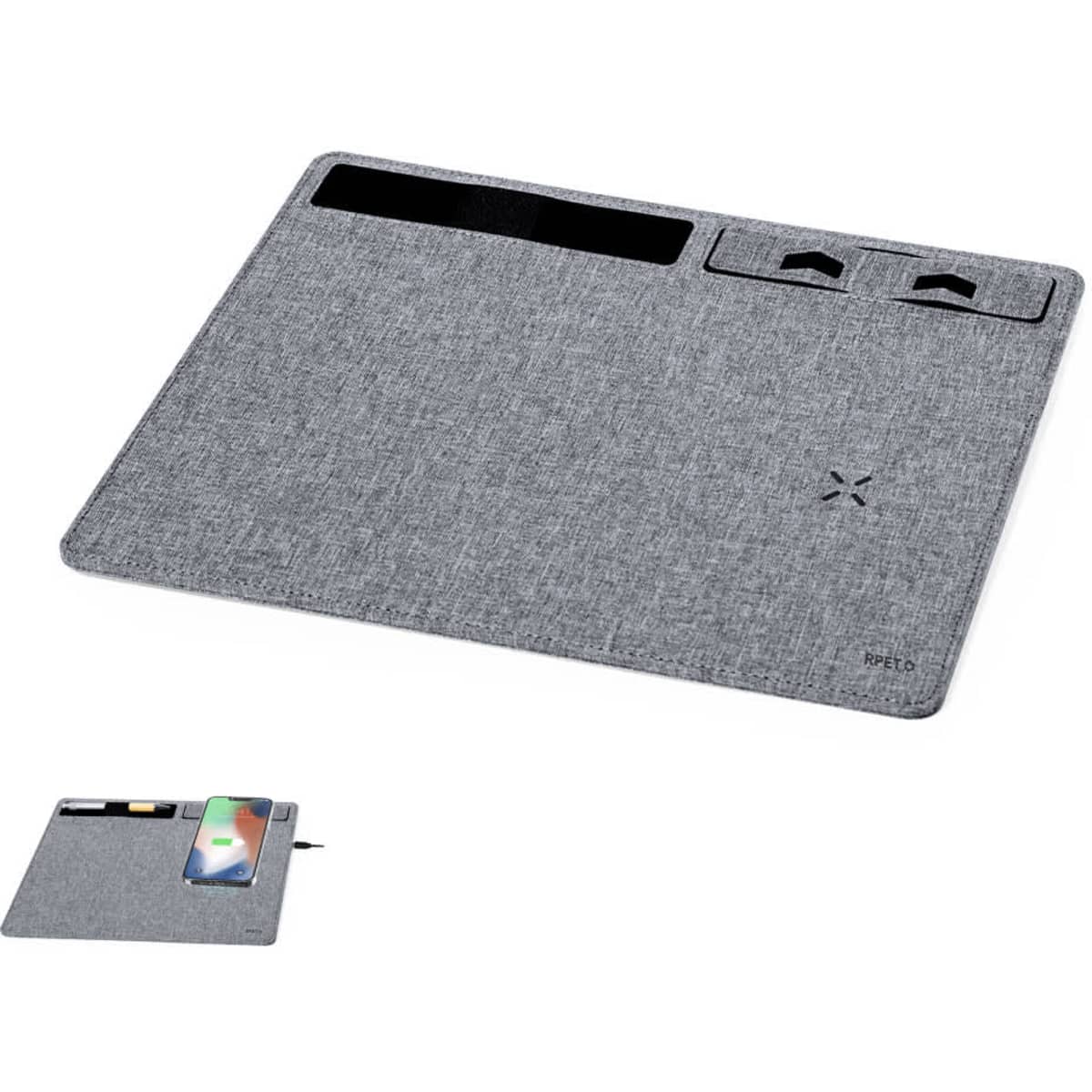 A grey felt wireless charger with a sleek design and compartments for holding a phone and accessories.