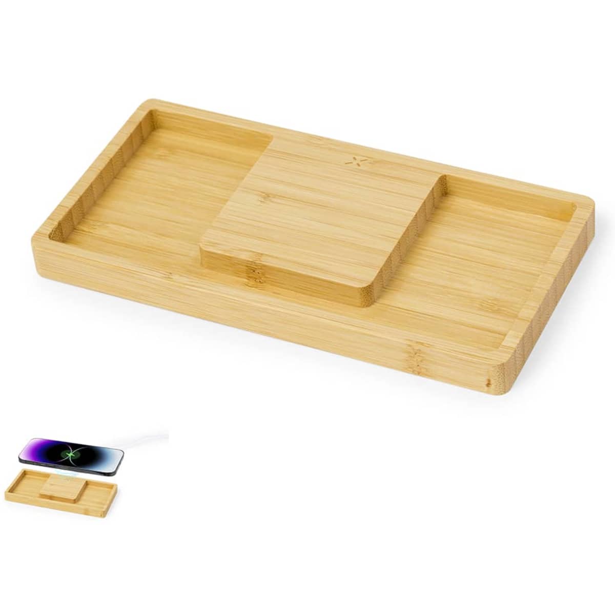 A bamboo wireless charger tray with two compartment sections and a minimalist design. Features a logo.