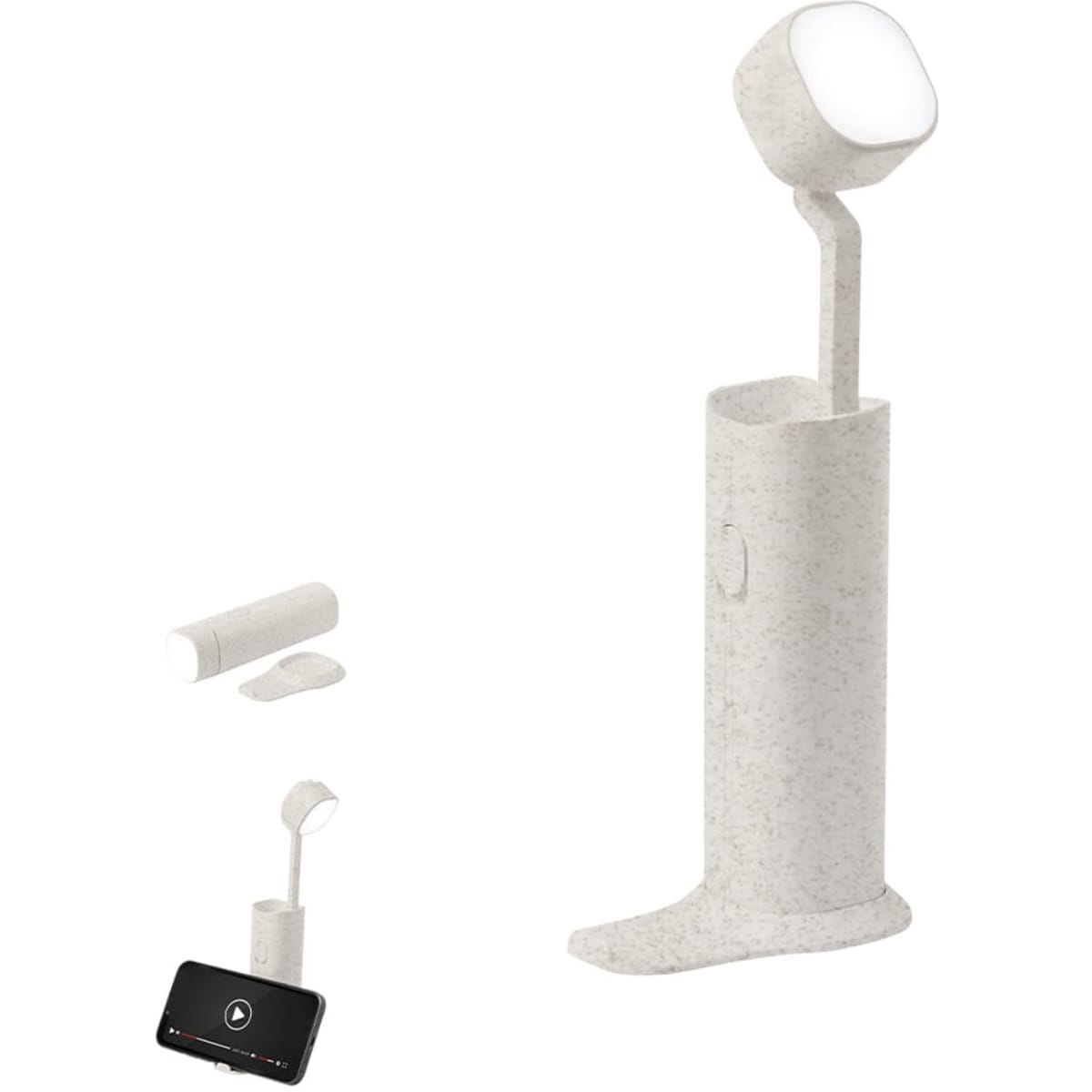 A cream-coloured phone accessory with a stand, designed to hold and support a mobile device. It features a built-in light and branding.