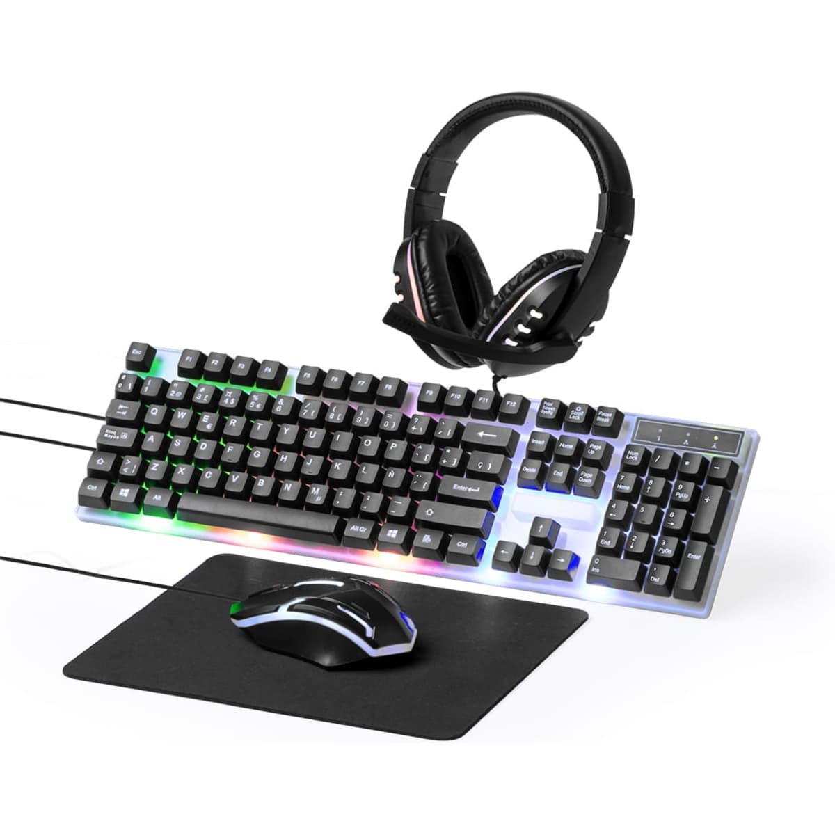 A gaming keyboard with colourful backlighting, a mouse, a black headset, and a mouse pad are displayed together.