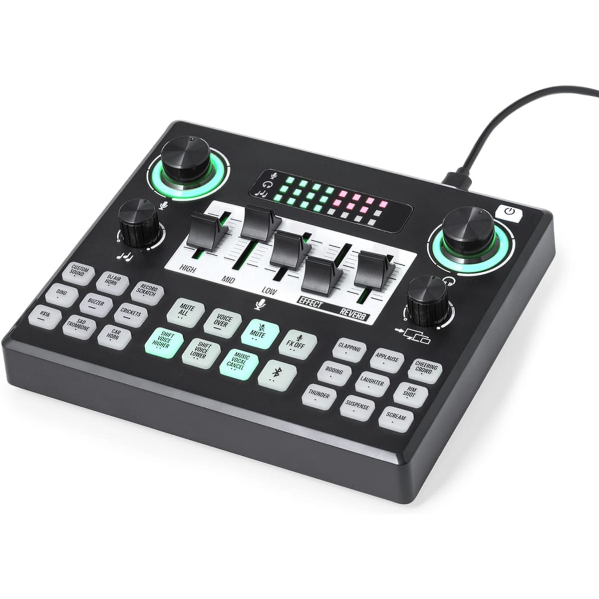 A black audio mixer with multiple knobs, buttons, and a logo, featuring green and blue accents.