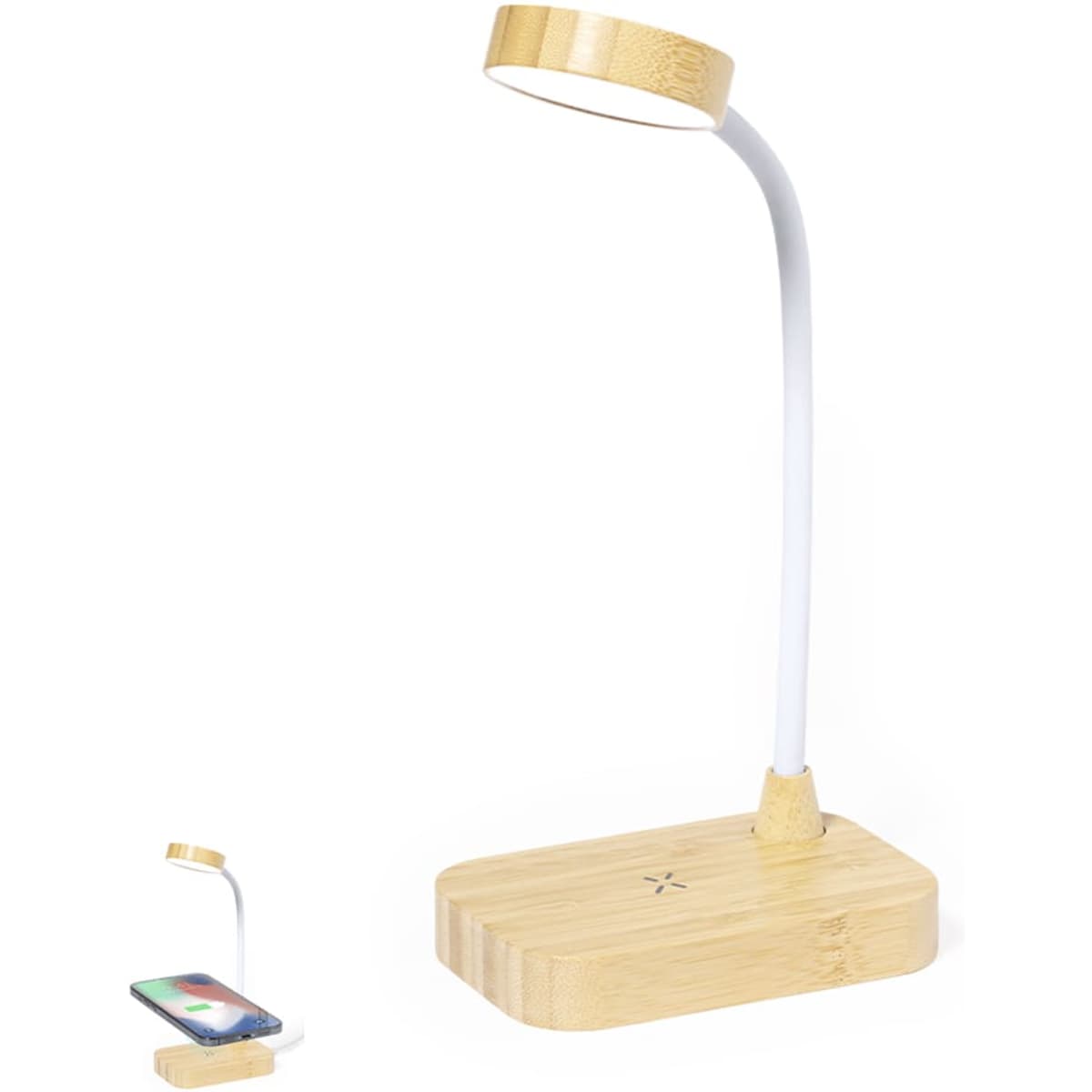 A wireless charger with a bamboo base and a flexible white neck supporting a light. The design is sleek and modern.