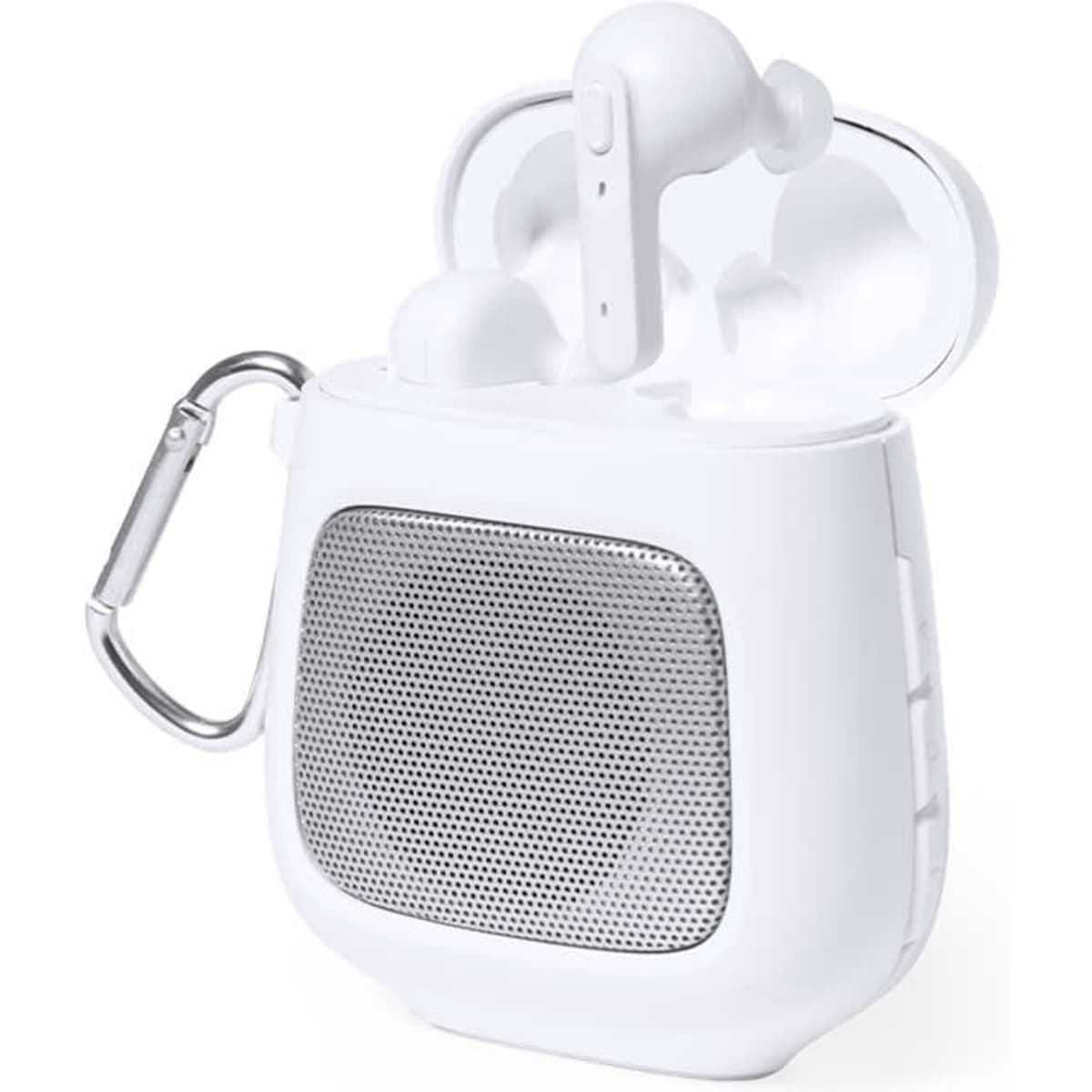 A pair of white wireless earbuds in a charging case with a silver mesh speaker front and a metal clip.