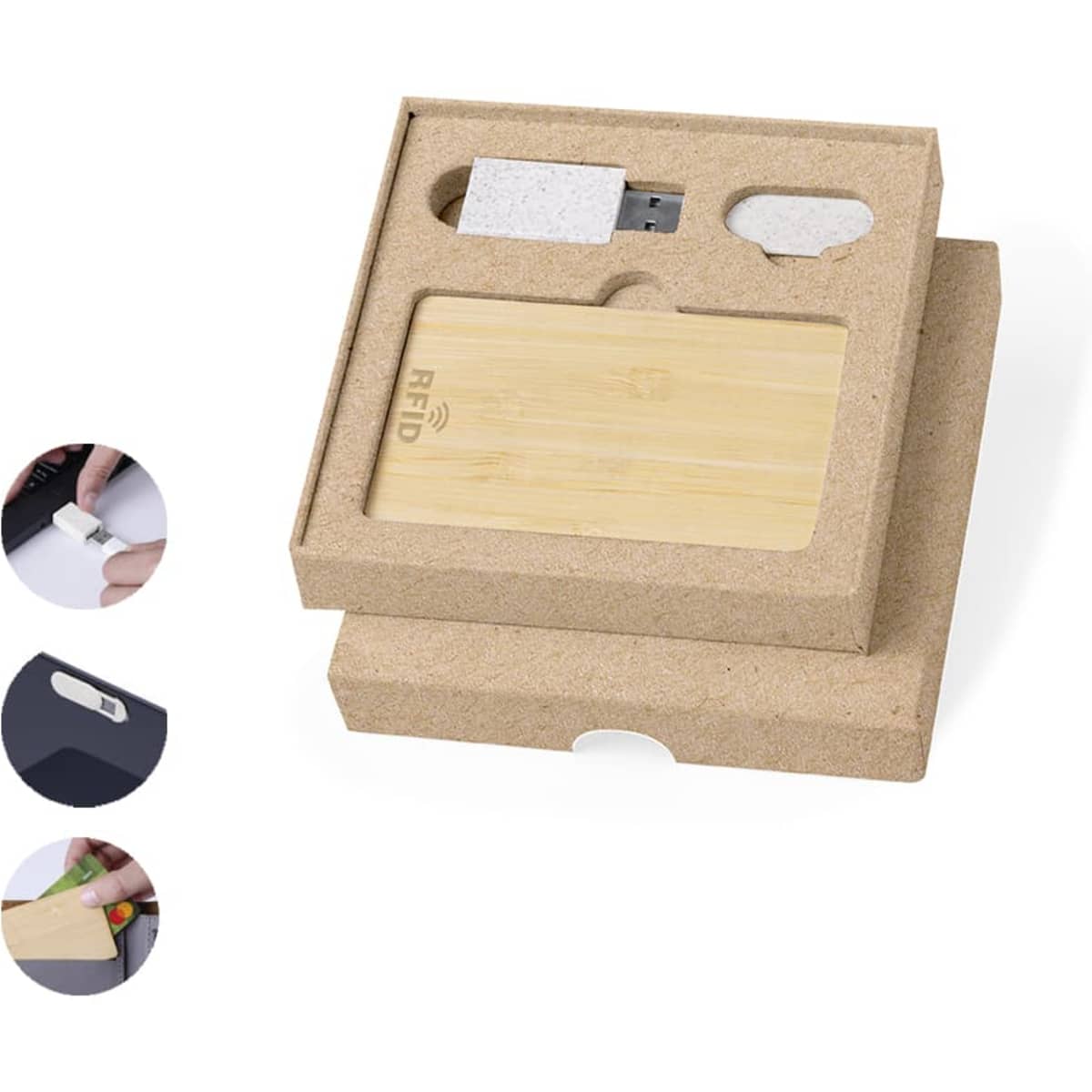 A bamboo RFID card holder with accessories, packed in a recyclable cardboard box. Features a logo on the card holder.
