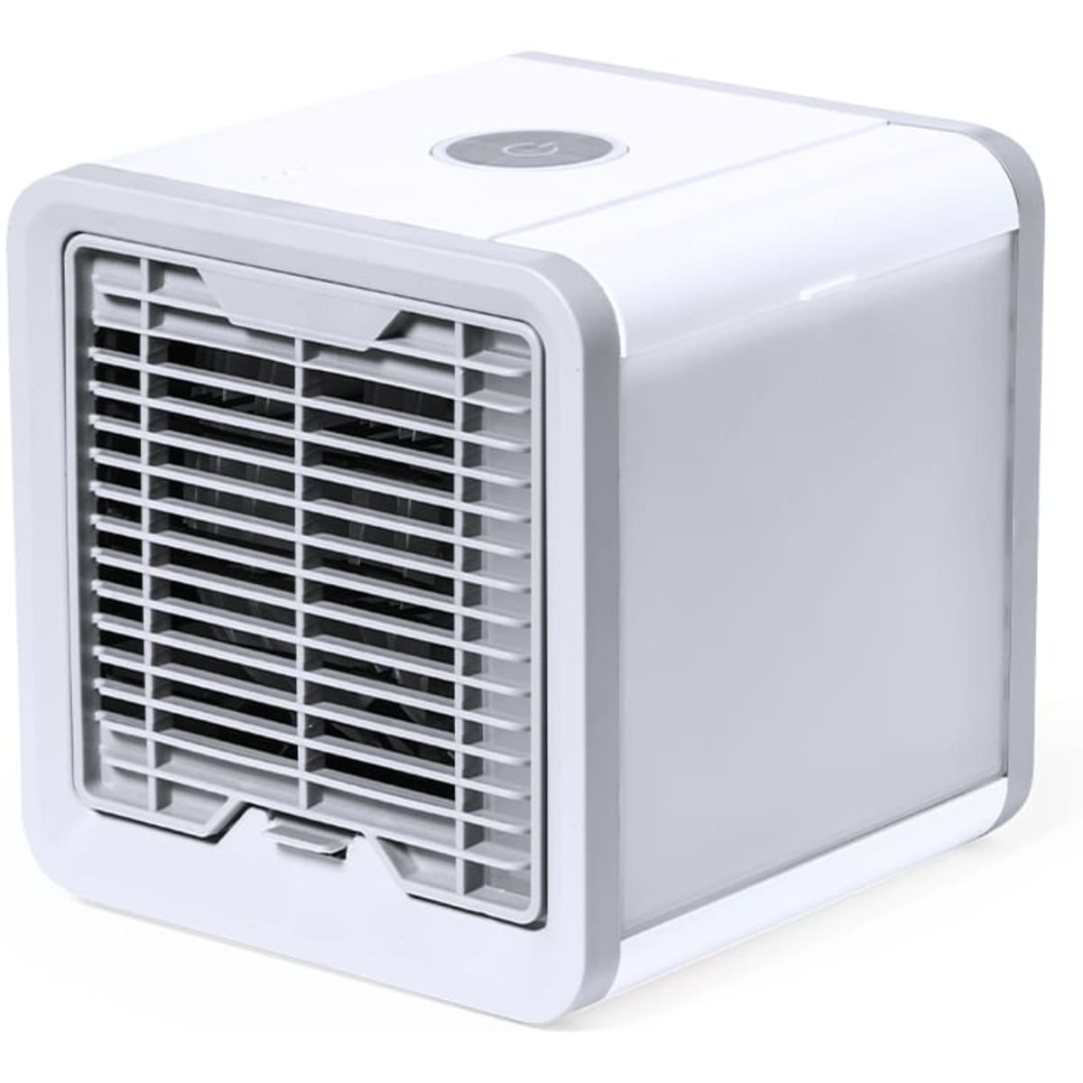 A compact white and grey portable air cooler with a grille front and a control button on top.