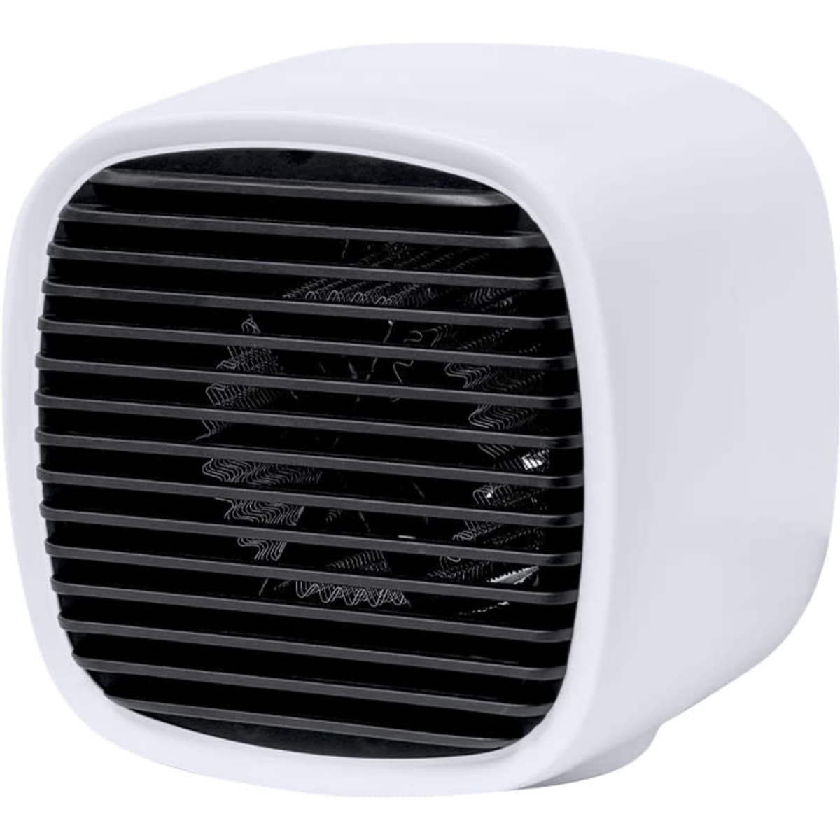 A compact white fan with a black grille, featuring a sleek square design and a visible internal fan.