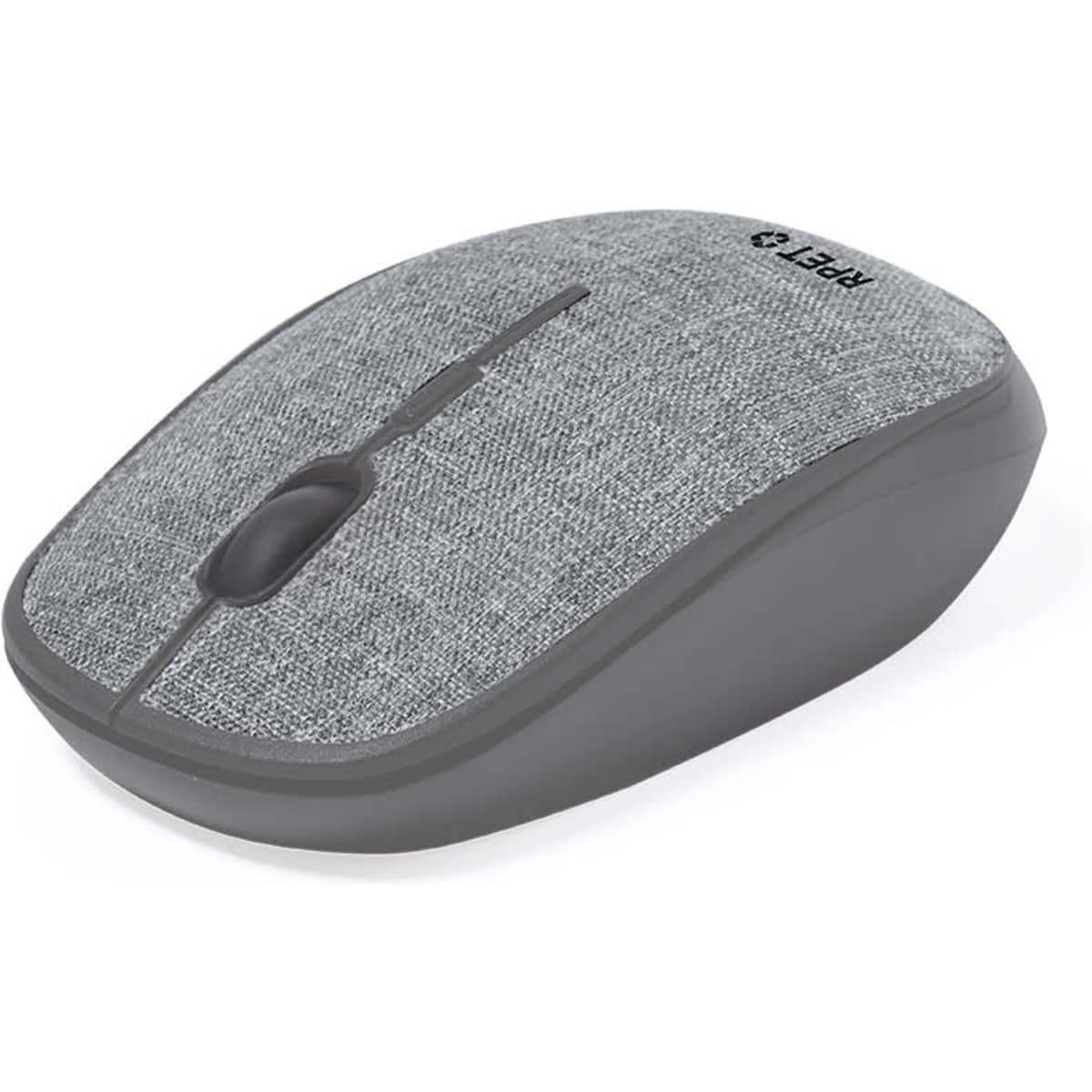 A grey mouse with a textured fabric surface, featuring a scroll wheel and a logo.