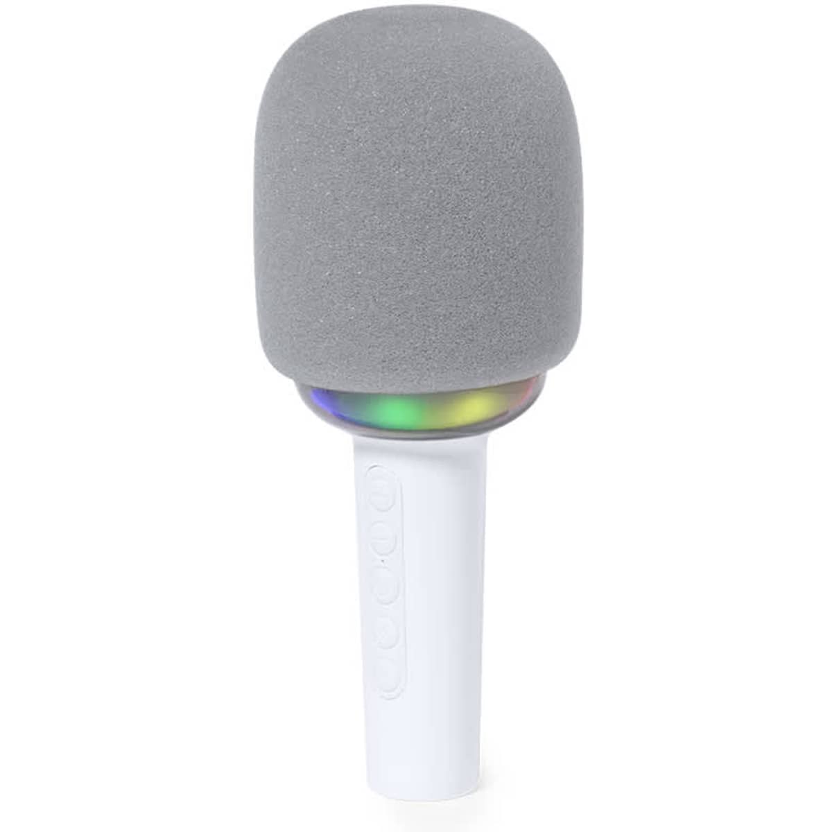 A grey Bluetooth speaker with a rounded top and a white base, featuring a multi-coloured light band at the bottom.