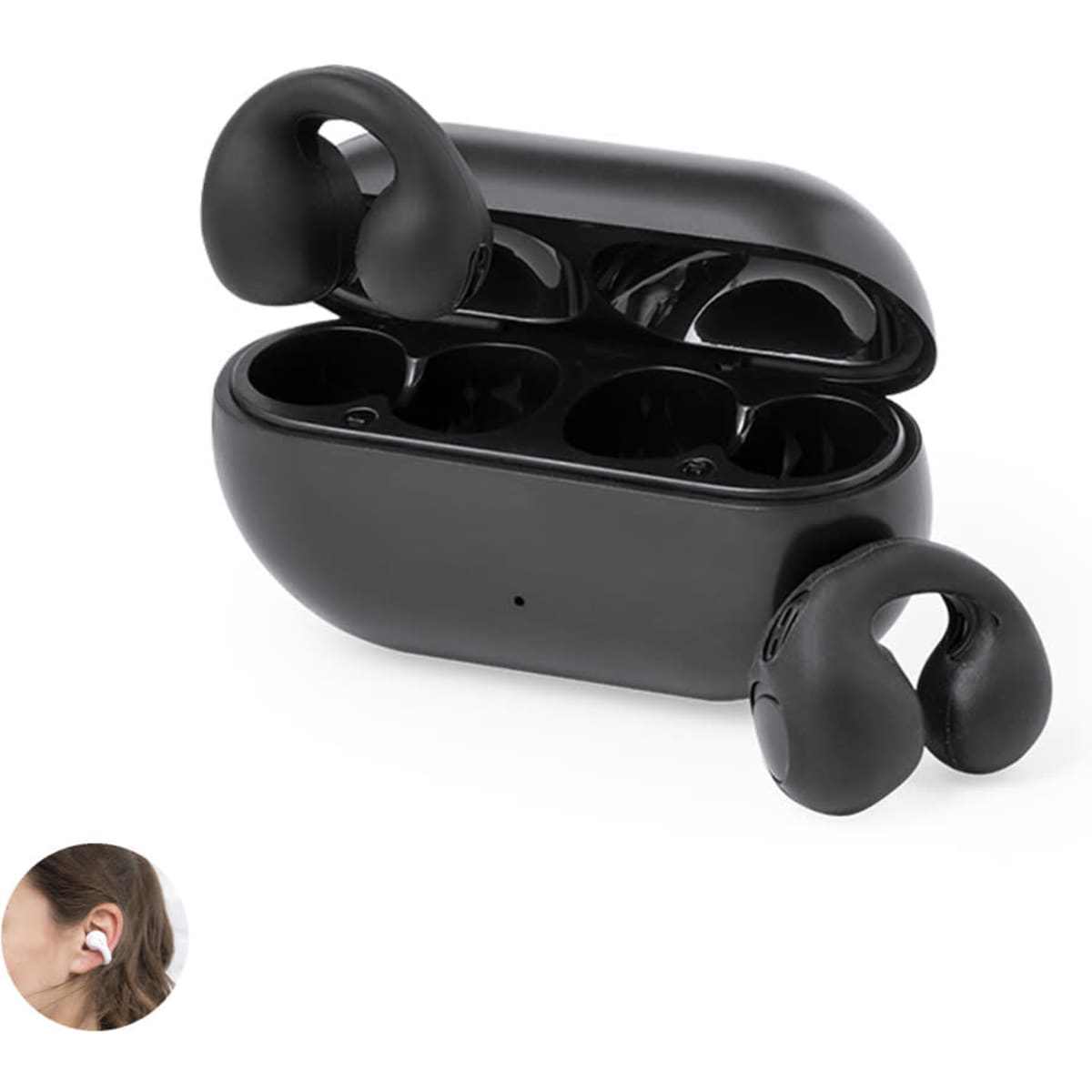 Black wireless earbuds sit in an open charging case. There is a small inset image of an ear with an earbud.