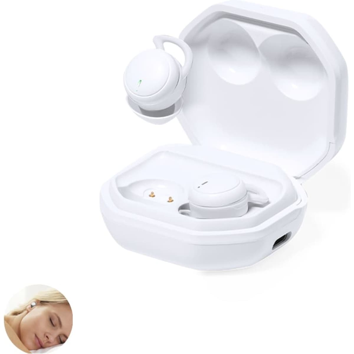 White earbuds placed in an octagonal charging case, featuring a logo on the case and a background image of a person wearing them.