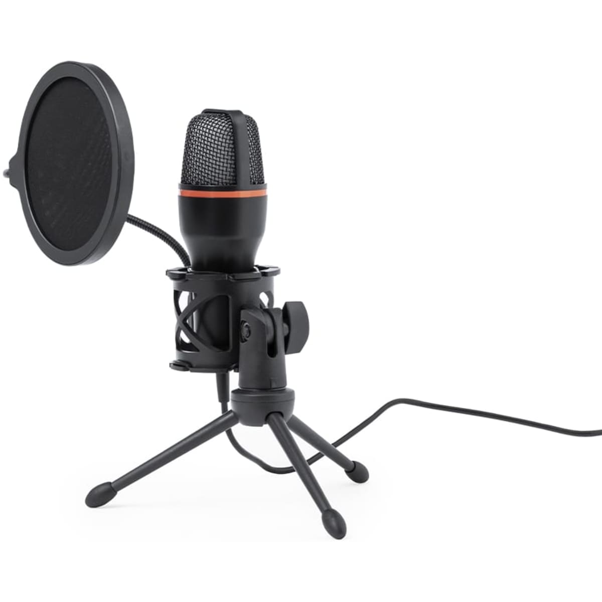 A black microphone with an orange band, supported by a small stand and accompanied by a pop filter.