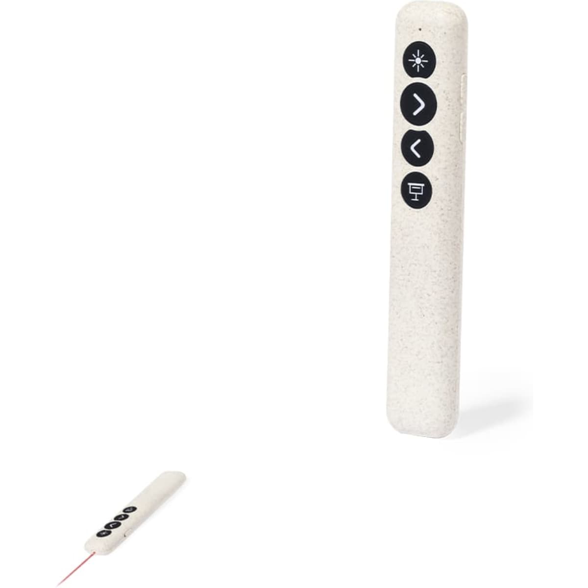 A remote control in beige with three buttons and a branding logo, designed for technology use.