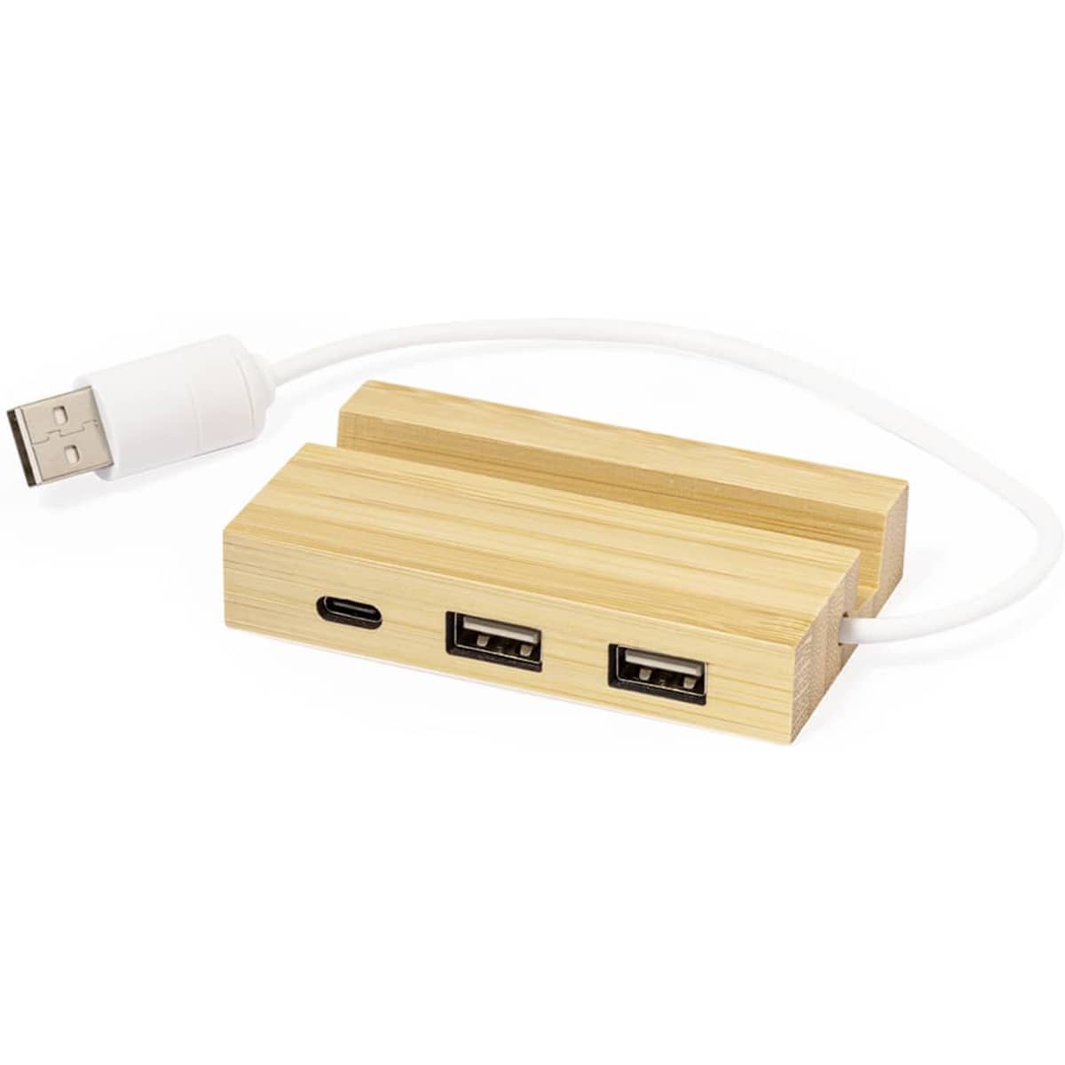 A bamboo USB hub with two standard USB ports and one USB-C port, connected by a white cable.