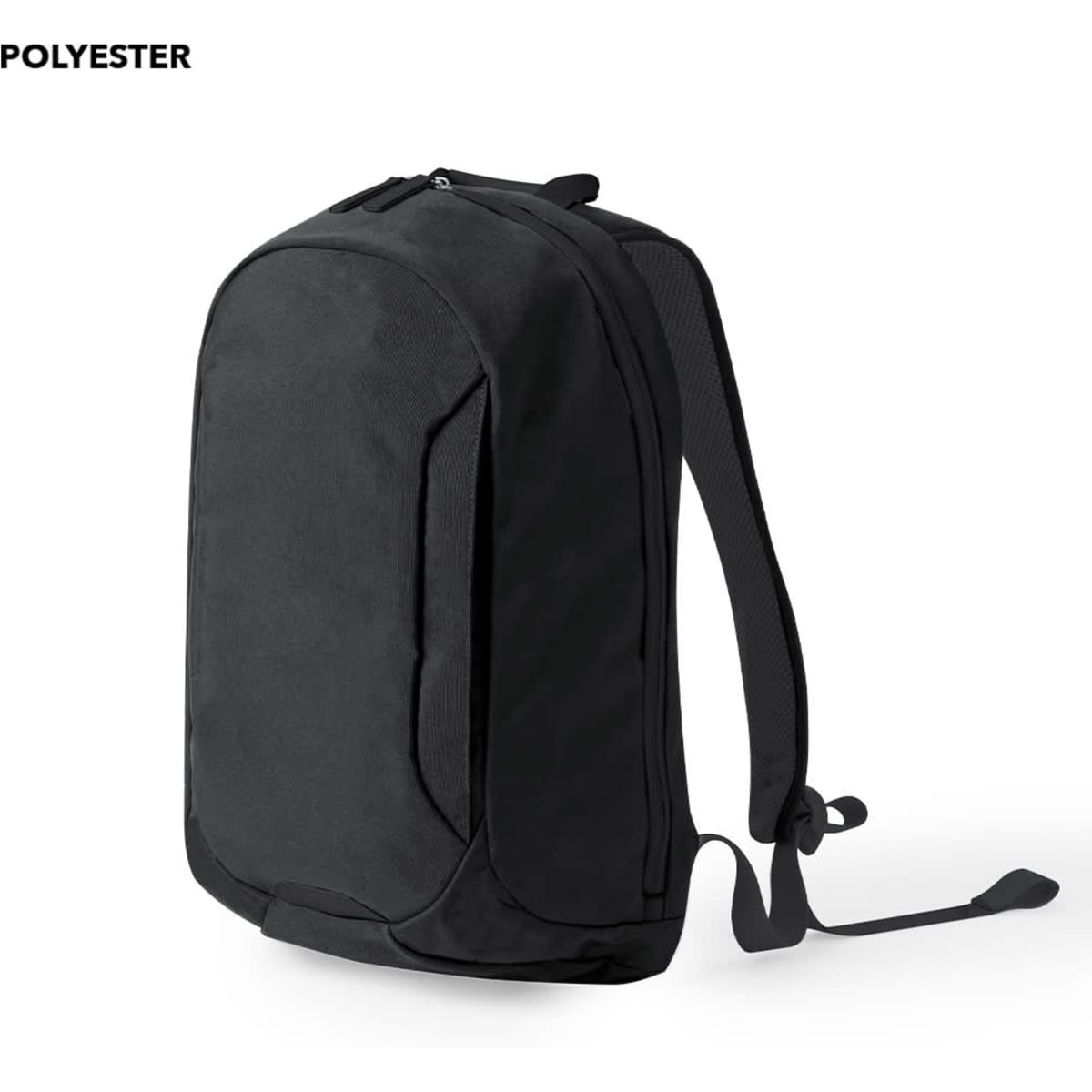 A black polyester backpack with padded straps and a sleek design, featuring a logo on the front.