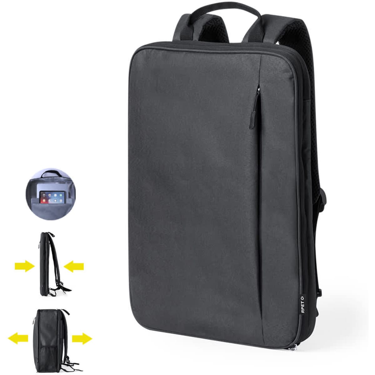 A sleek black backpack with padded shoulder straps, featuring a front pocket and a minimalist design.