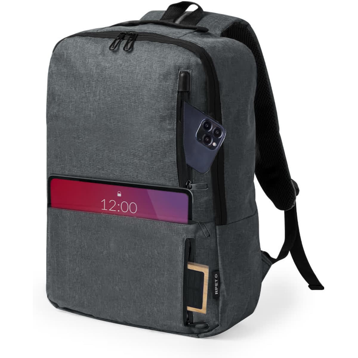 A dark grey backpack with multiple compartments, featuring a logo and a smartphone partially visible in a front pocket.