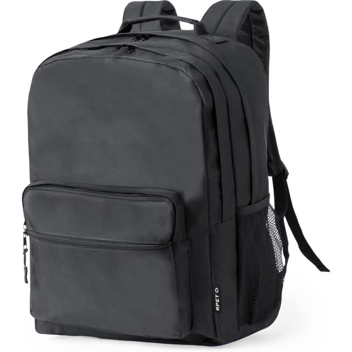 A black backpack featuring multiple compartments and a mesh side pocket. It includes a branding logo.