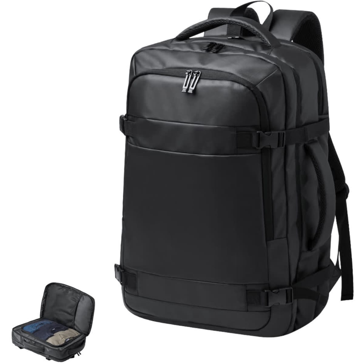 A black laptop backpack with multiple compartments and adjustable straps, featuring a logo on the front.