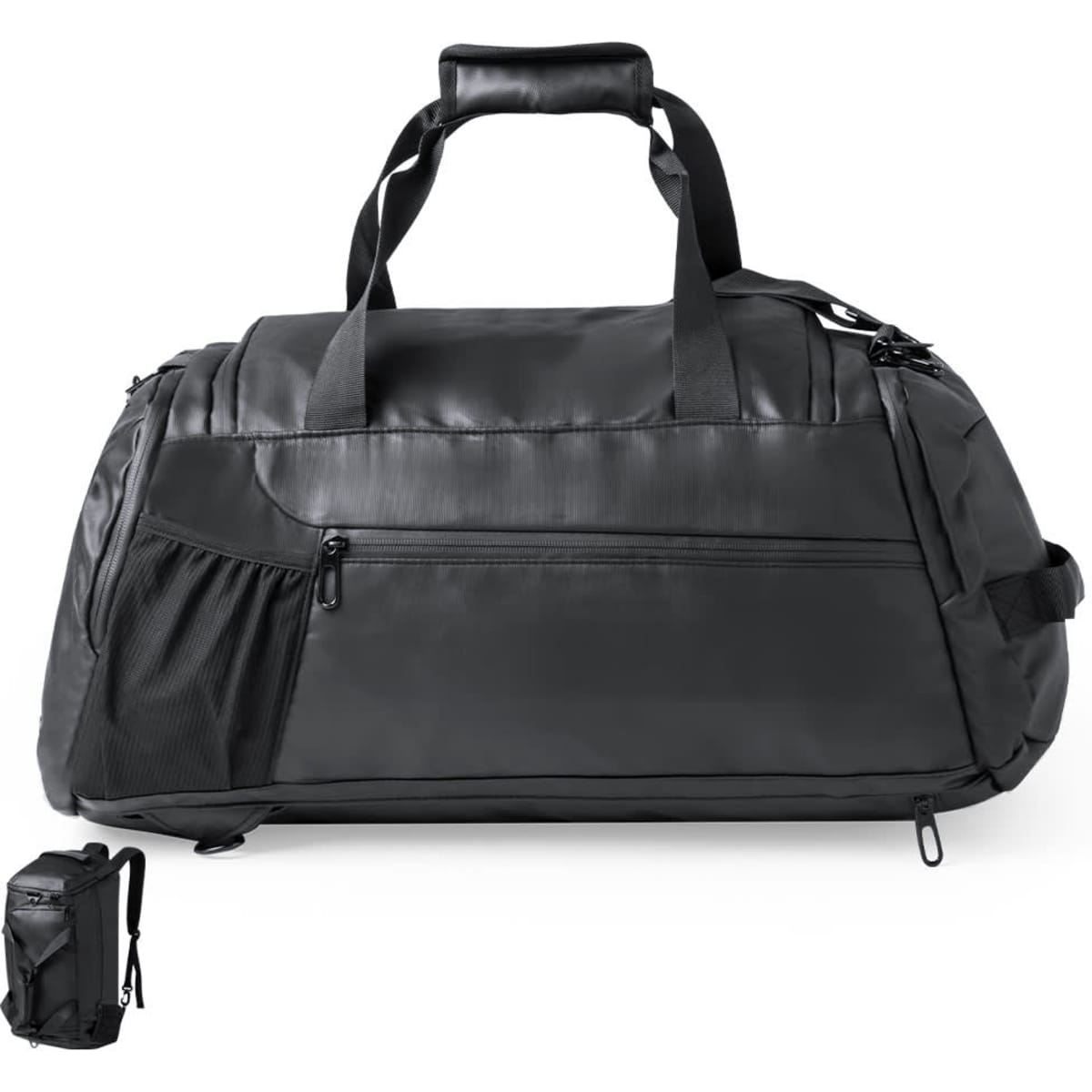 A black Denehy backpack with a sturdy handle and side pockets, featuring a simple design and durable material.