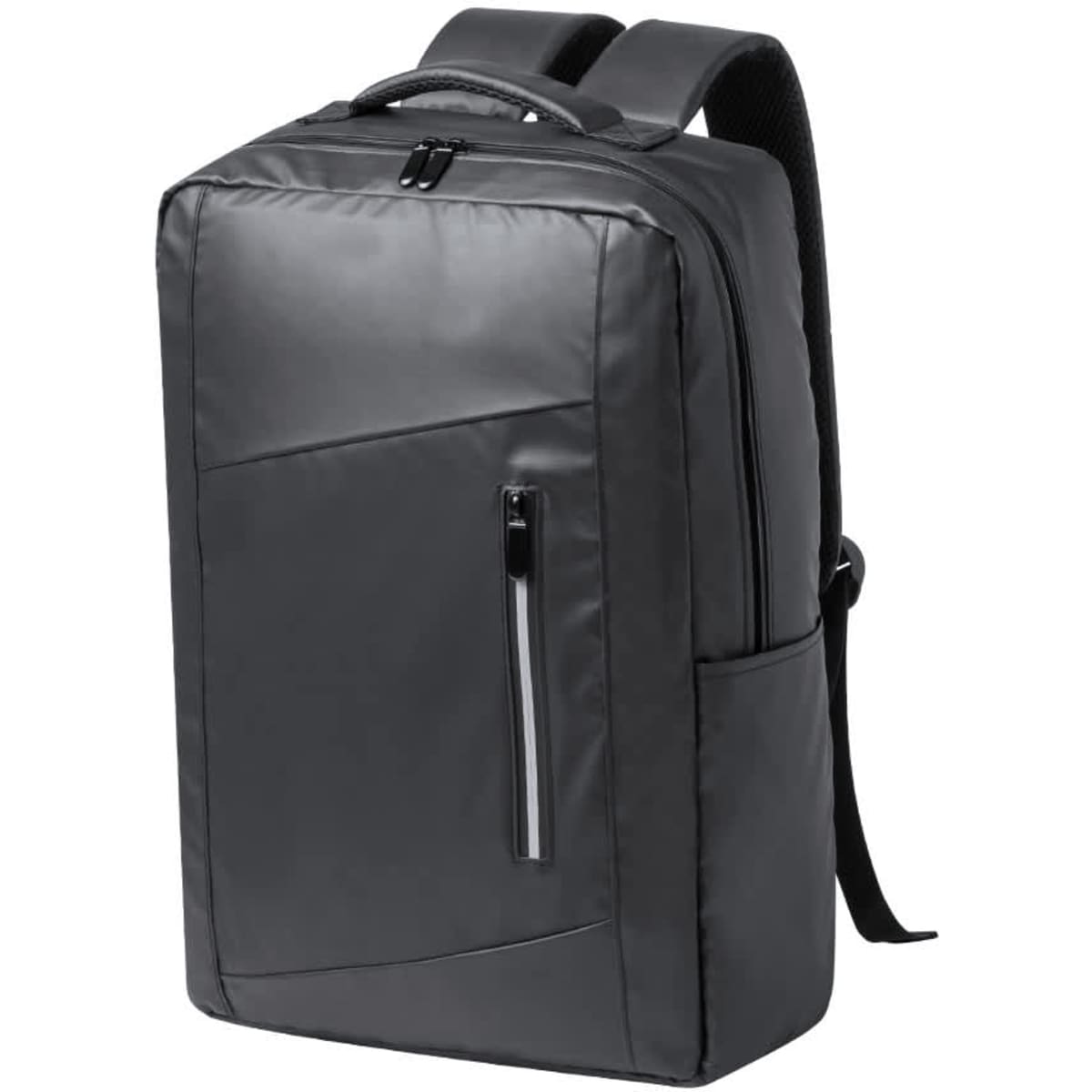 A sleek black backpack with a front zip pocket and padded shoulder straps, featuring a logo on the exterior.