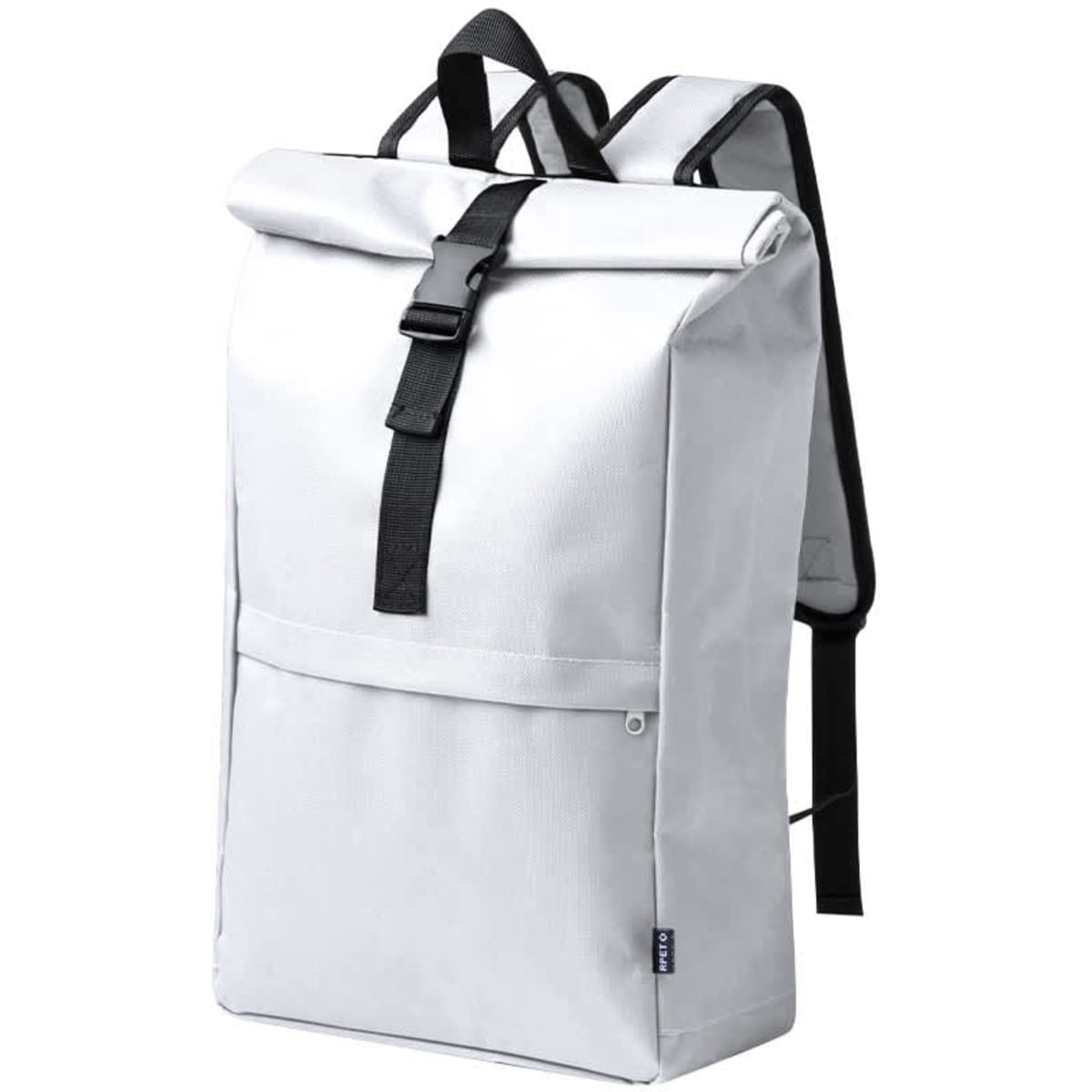 A white backpack with a roll-top closure, featuring black straps and a front pocket. It includes a logo.