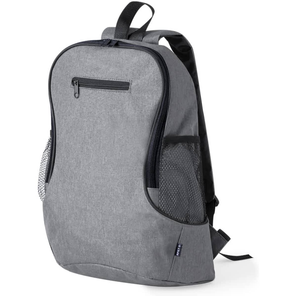 A grey backpack featuring a front pocket and mesh side pockets, with adjustable straps and branding.
