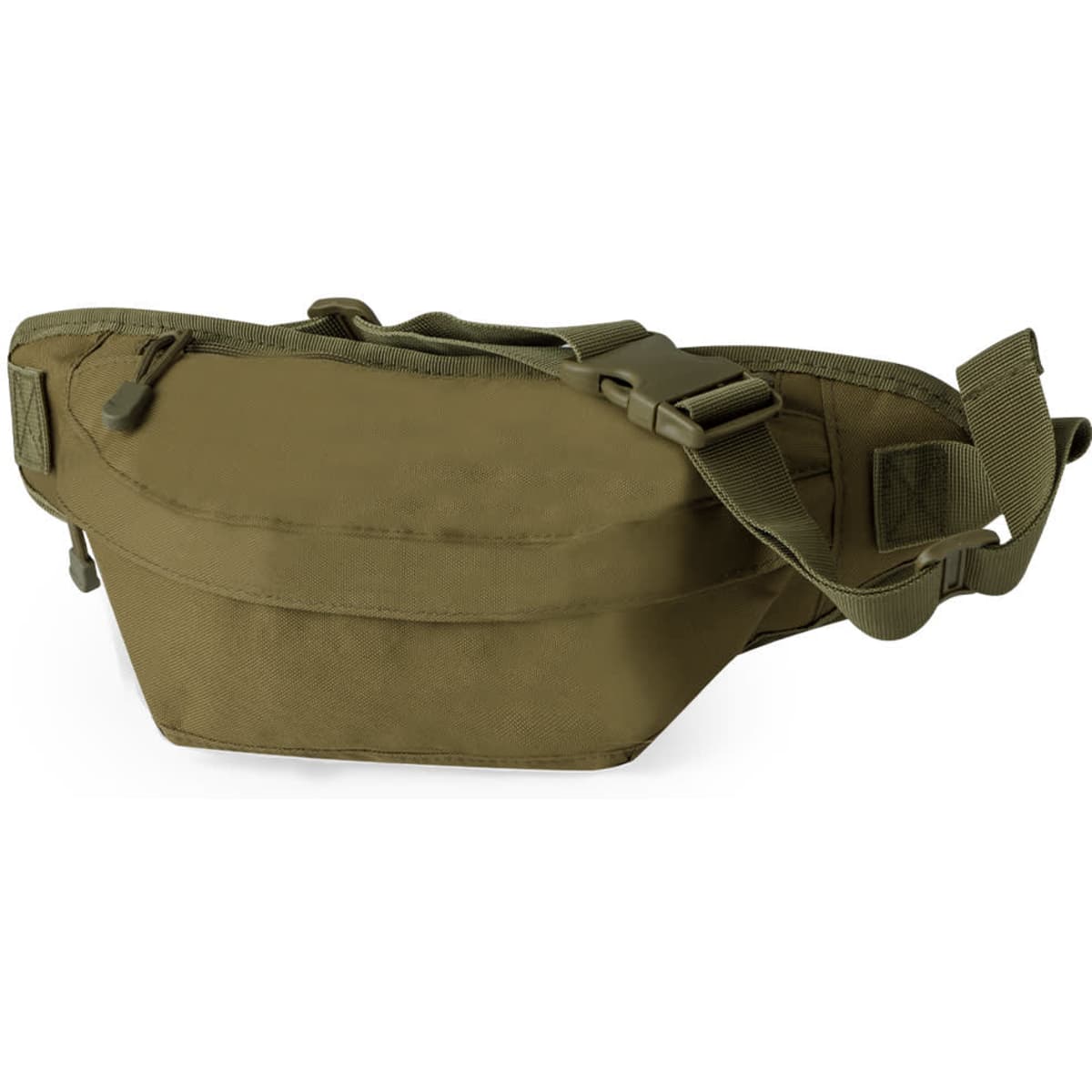 A khaki bum bag with a zipper, adjustable strap, and a smooth surface. It features a logo on the side.
