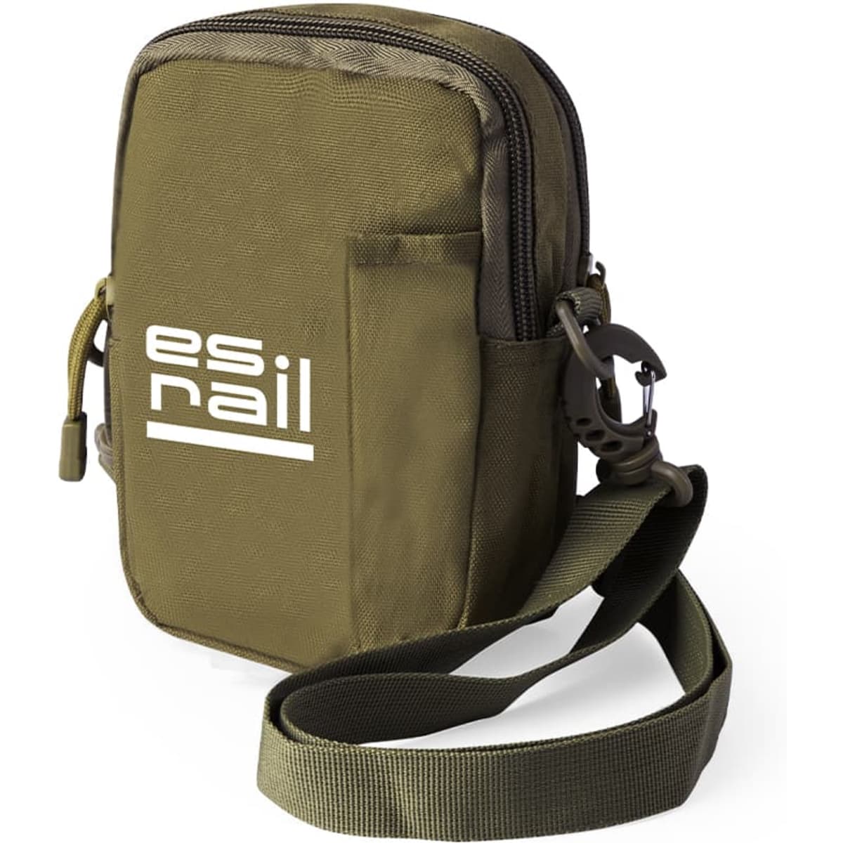A small olive green bag with a zippered compartment and a sling strap. It features a logo on the front.