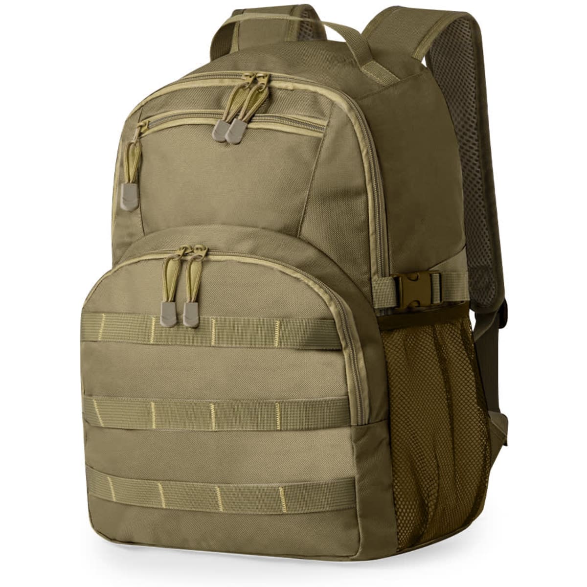 A tan backpack with multiple compartments and zippers, featuring mesh side pockets and a logo.