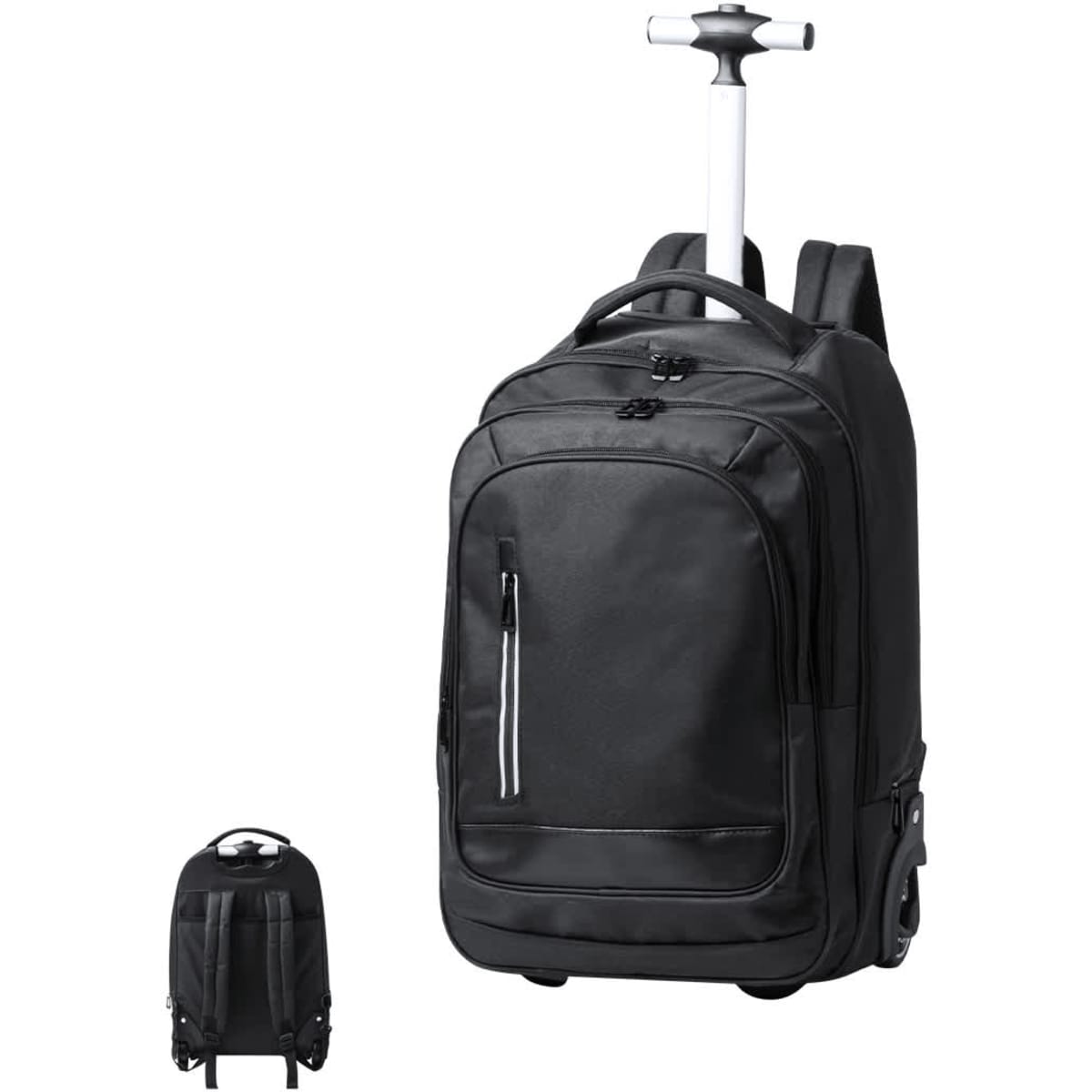 A black wheeled backpack with a retractable handle and shoulder straps, featuring a zippered front pocket and a logo.