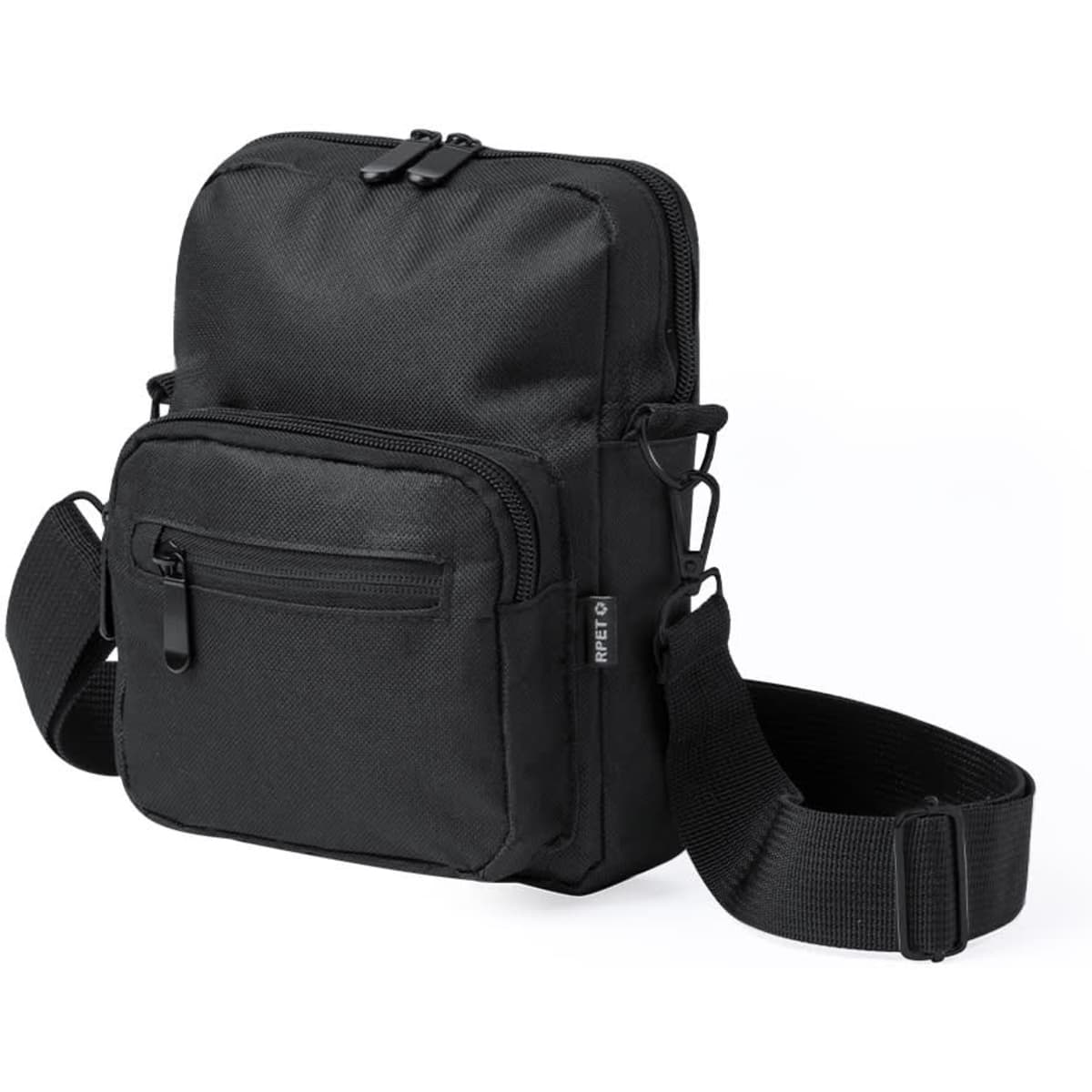 A black crossbody bag with multiple zippered pockets and an adjustable strap. It has a logo on the side.