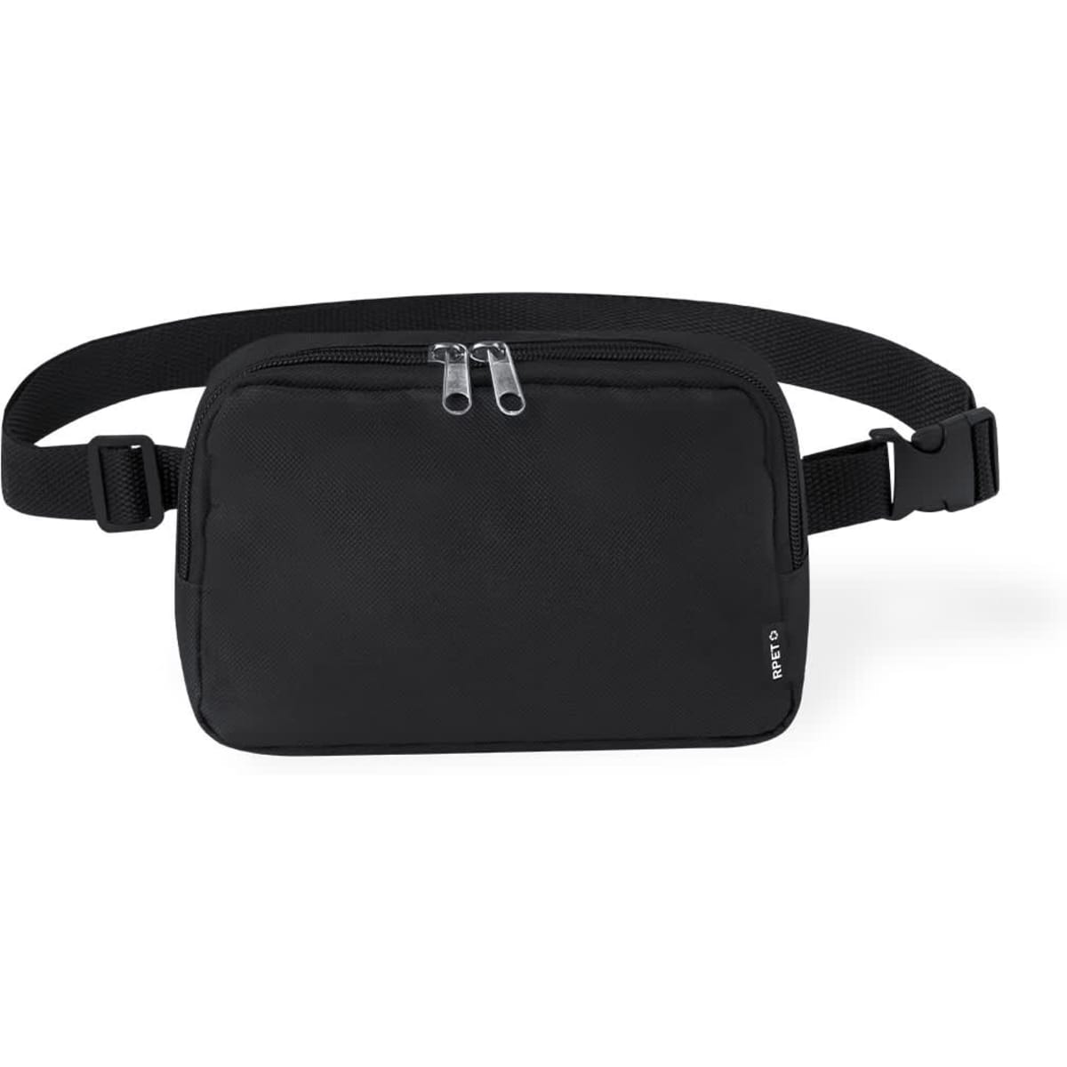 A black bum bag with a zippered pocket and an adjustable strap, featuring a simple design and logo.