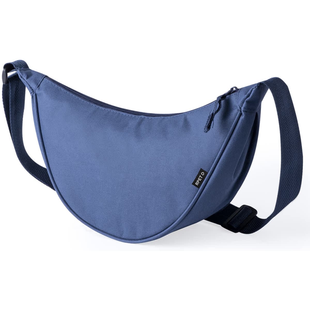 A blue bum bag with a curved design and a single adjustable strap, featuring a logo.