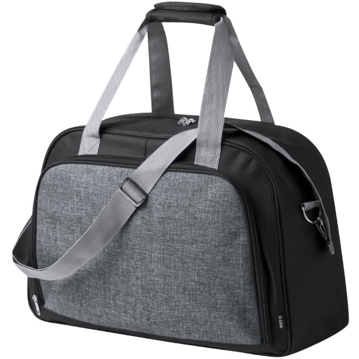A grey and black duffle bag with sturdy handles and a detachable shoulder strap, featuring a logo.