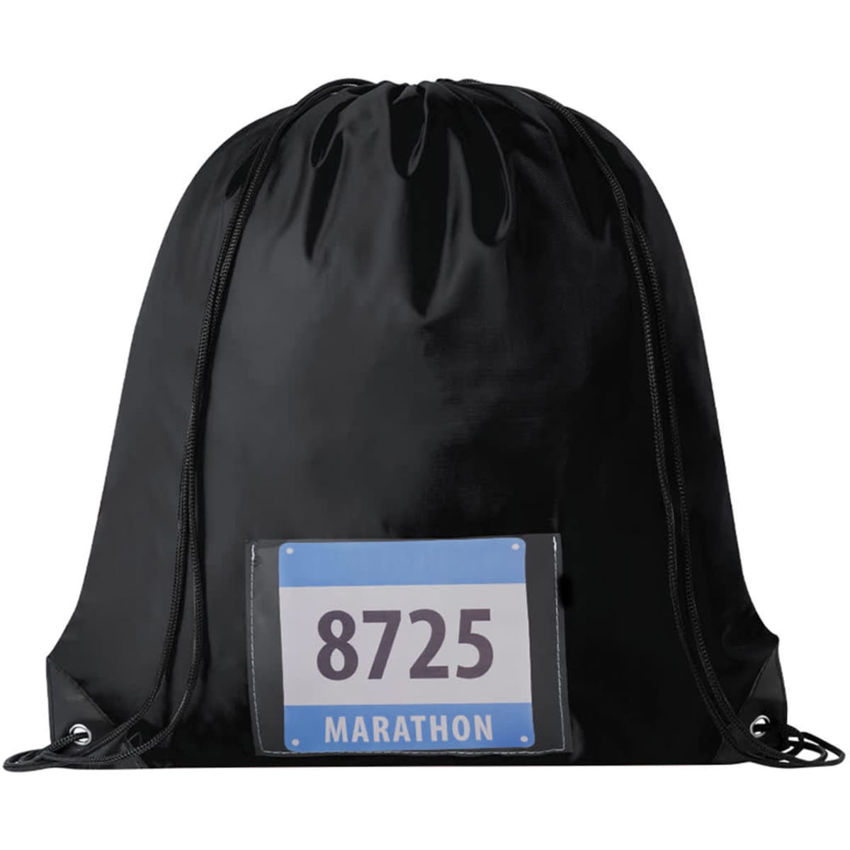 A black drawstring bag featuring a clear pocket, suitable for displaying a numbered race bib. It has a logo.