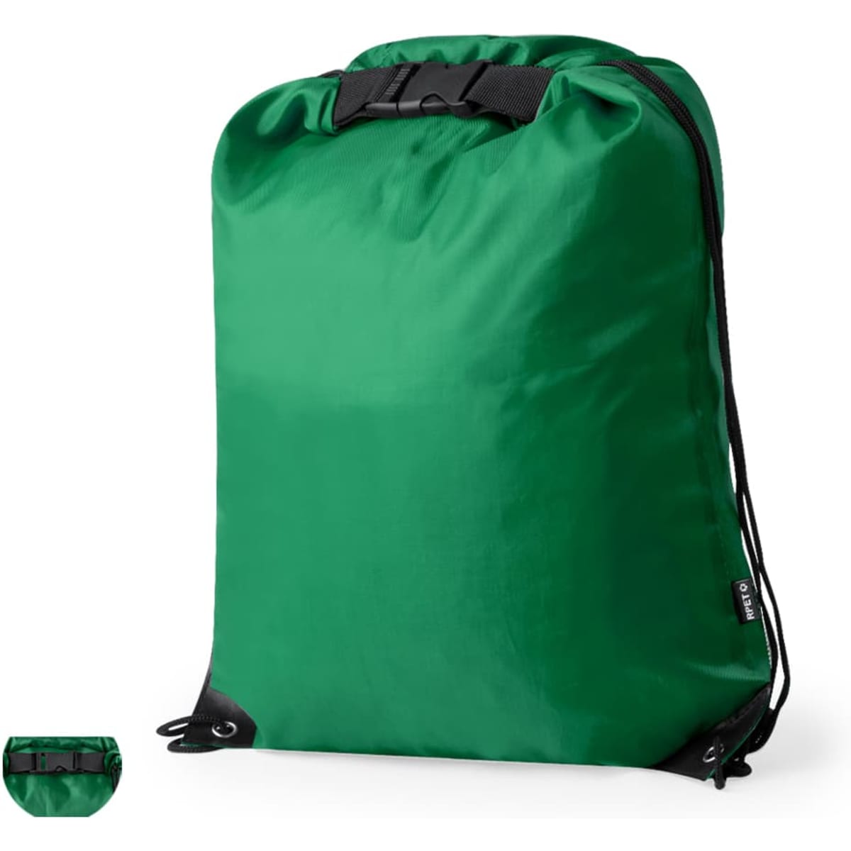 A green drawstring bag with black accents and a logo, featuring a cinched top closure and adjustable straps.