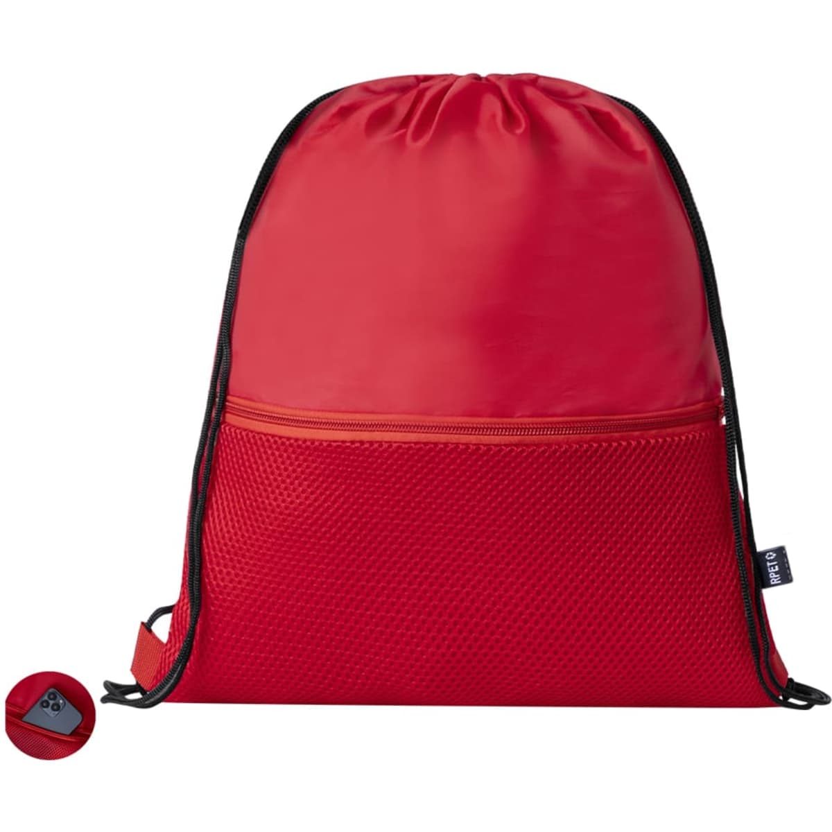 A red drawstring bag with a mesh lower section and a front zip pocket, featuring a logo.
