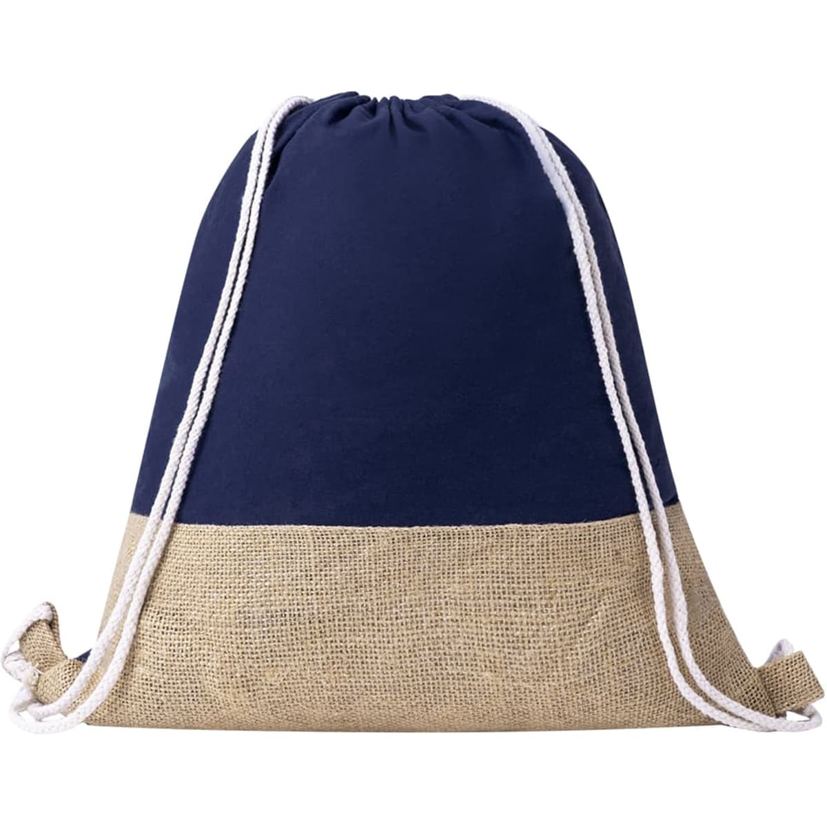A drawstring bag featuring a navy top and textured jute bottom, complete with white drawcords and a logo.