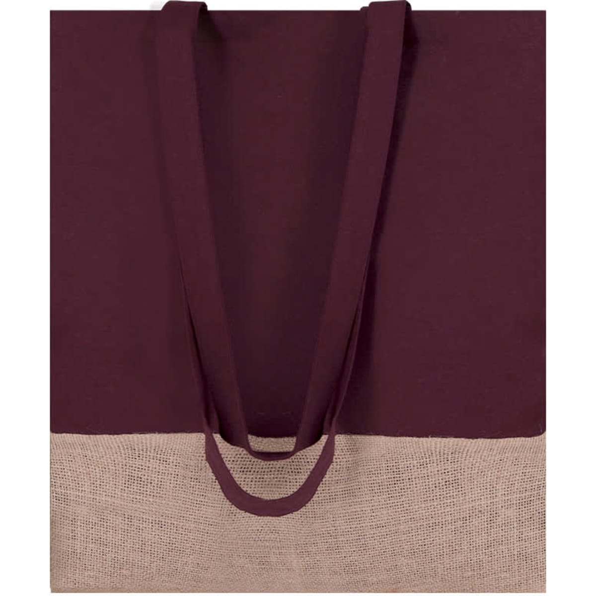 A burgundy tote bag with a natural jute bottom and two matching handles. It features a logo on the front.