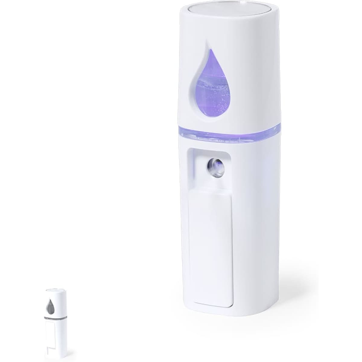A white misting device with a water droplet design and a lavender light feature, accompanied by a smaller spray nozzle.