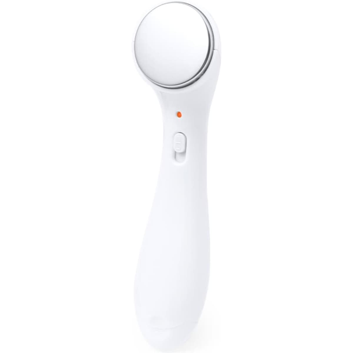 A white health and personal care device with a round mirror-like head and an orange indicator light.