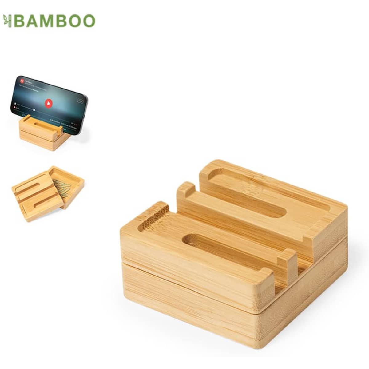 A bamboo phone stand organiser in a square design with grooves for holding devices. Features a minimalist style.