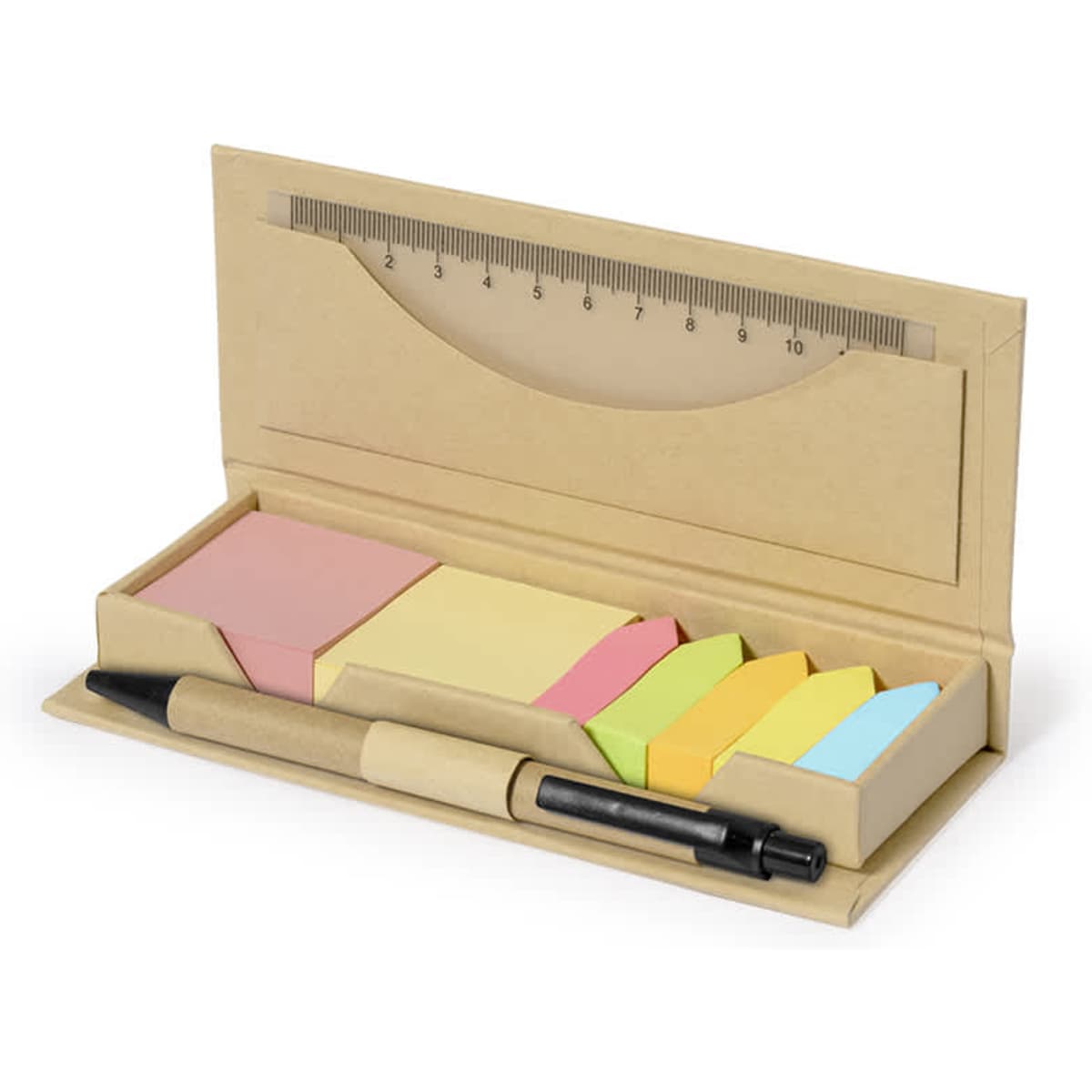 A stationery set featuring sticky notes in various pastel colours, a black pen, and a ruler, all in a cardboard case.