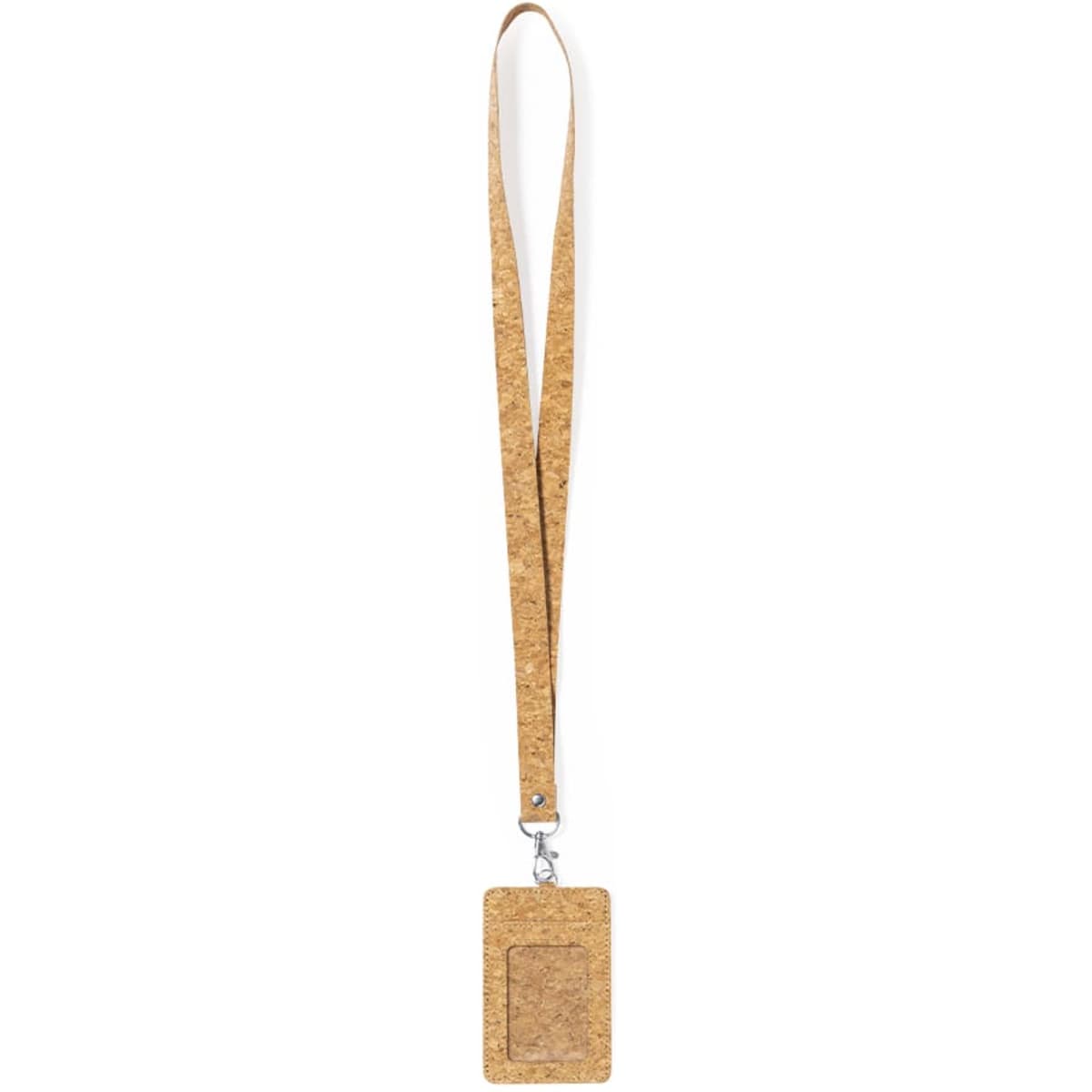 A cork lanyard featuring a rectangular holder for ID or name tags, showcasing a natural brown colour.