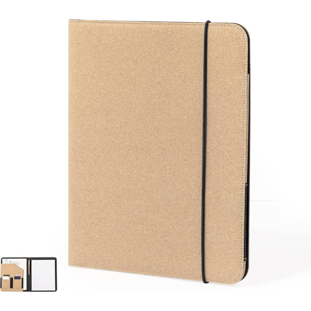 A beige folder with a black elastic band and a logo, featuring an interior layout view.