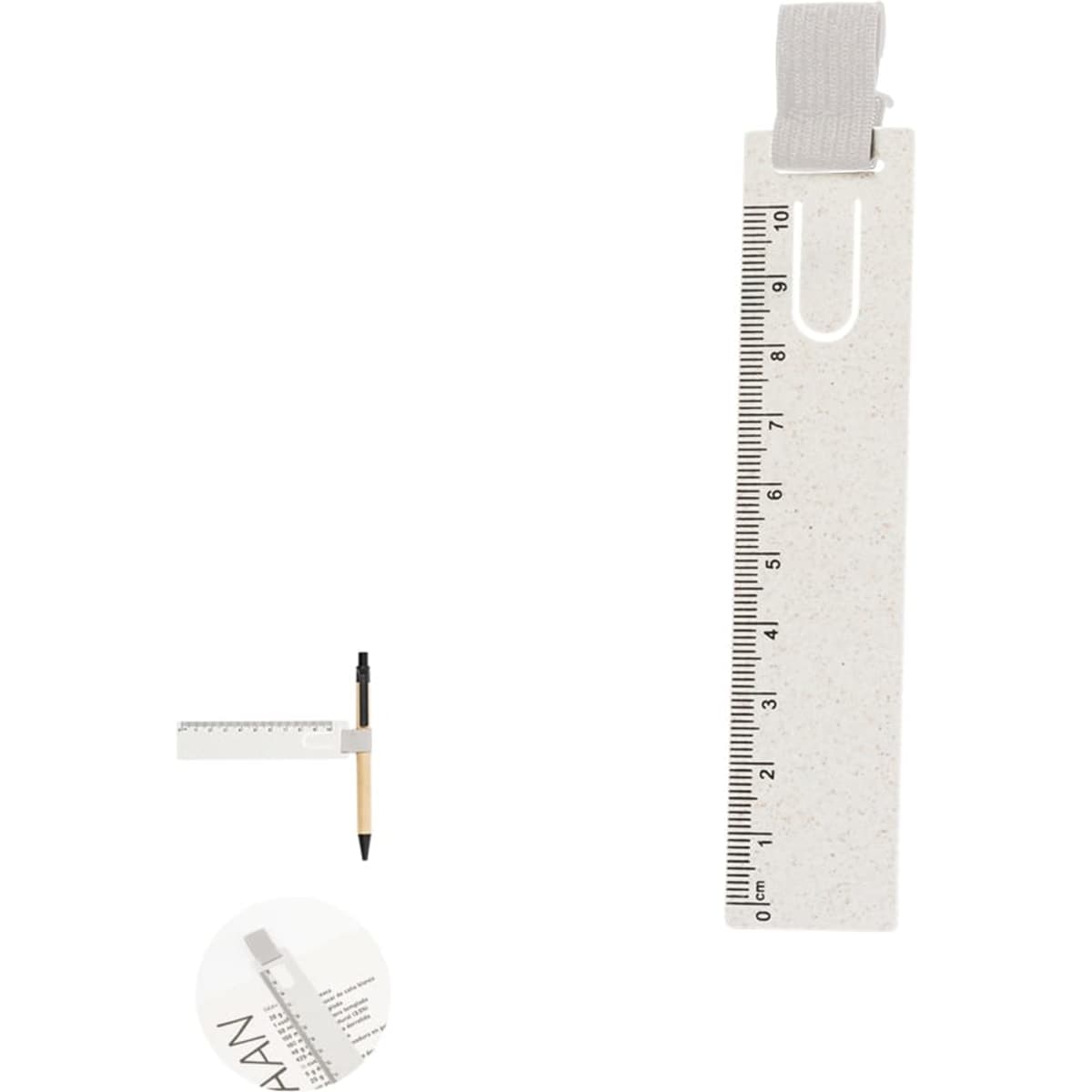 A white ruler with a clip and measurement markings, featuring a logo.