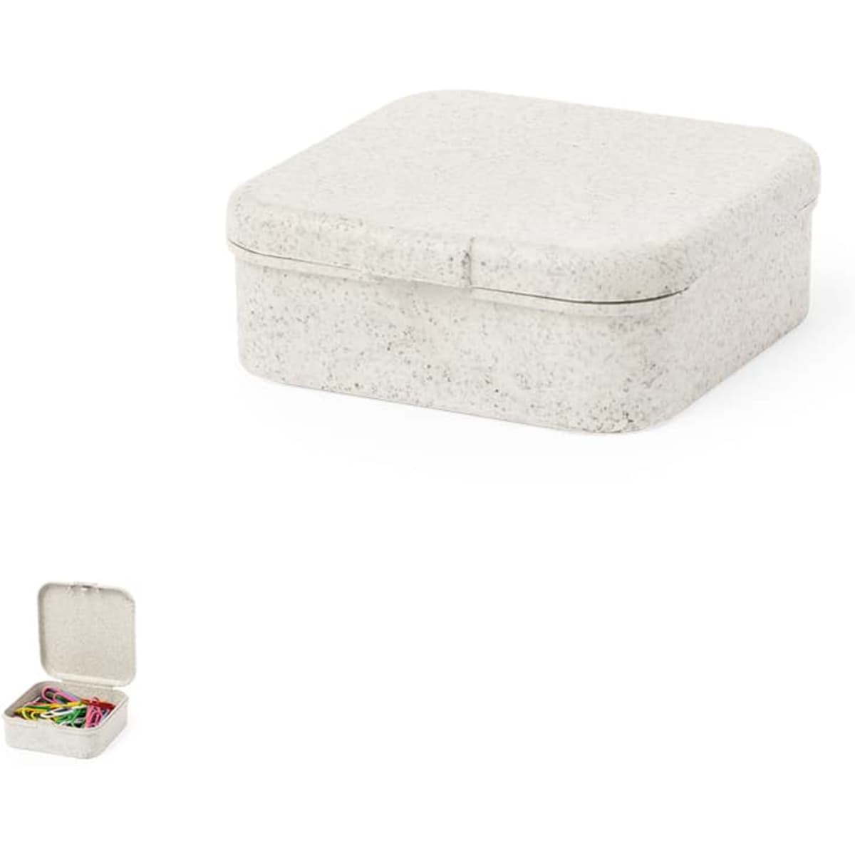 A square storage box in a light cream colour, made of textured material, with a hinge lid and filled with colourful paperclips.